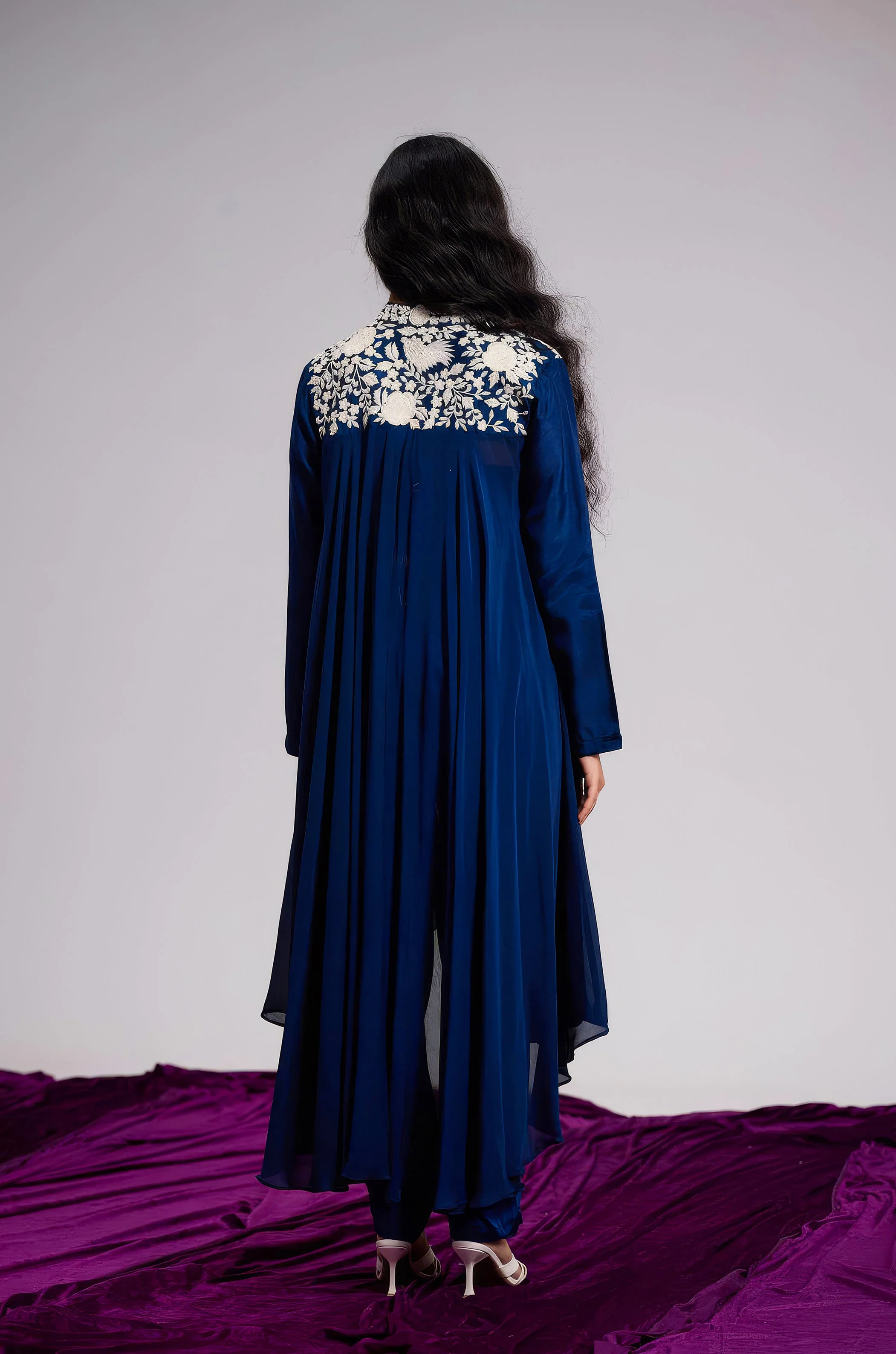 Deep Blue Embroidered Chinon Silk Co-Ord Set - Image 6