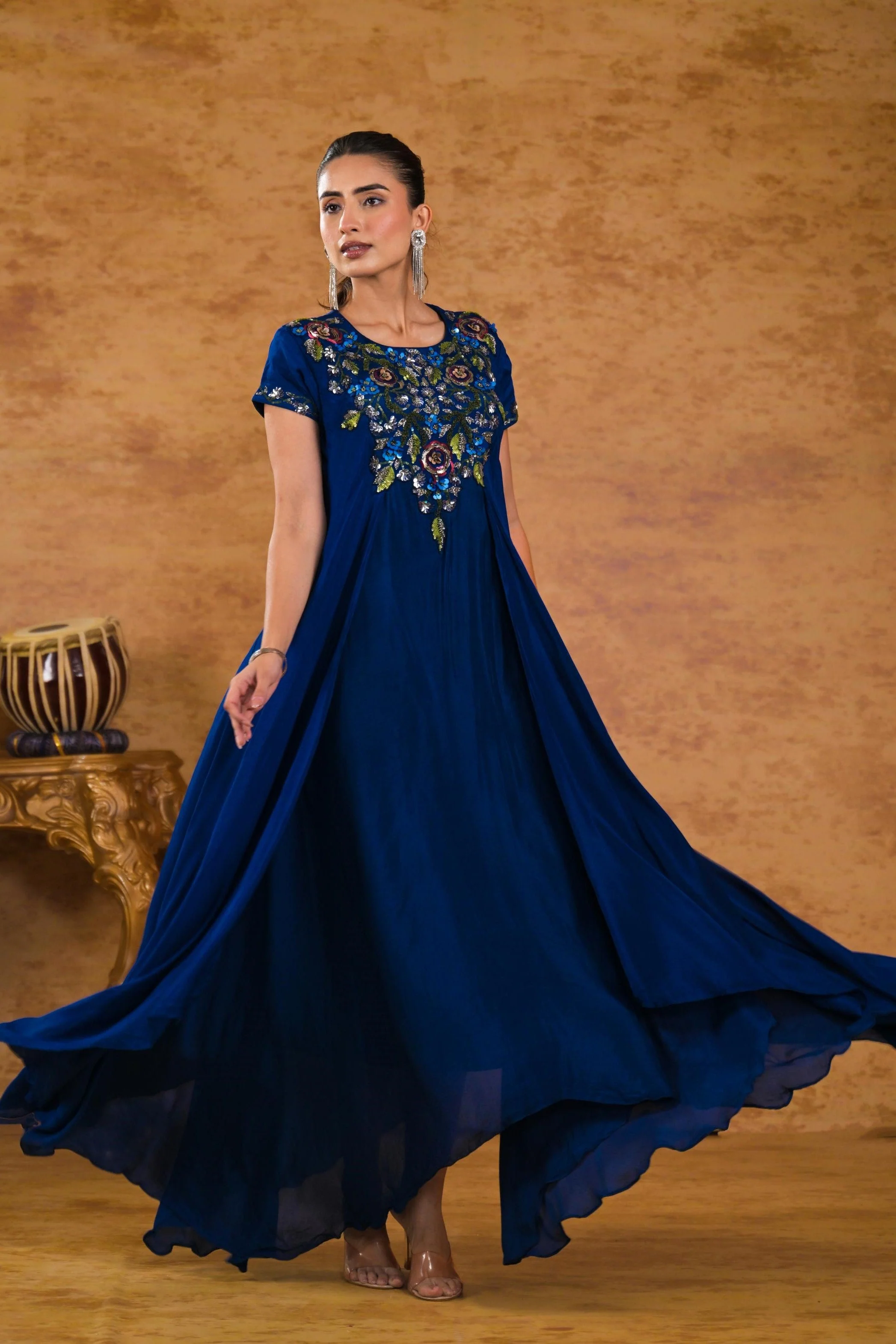 Deep Blue Embroidered Chinon Silk Gown - Image 3