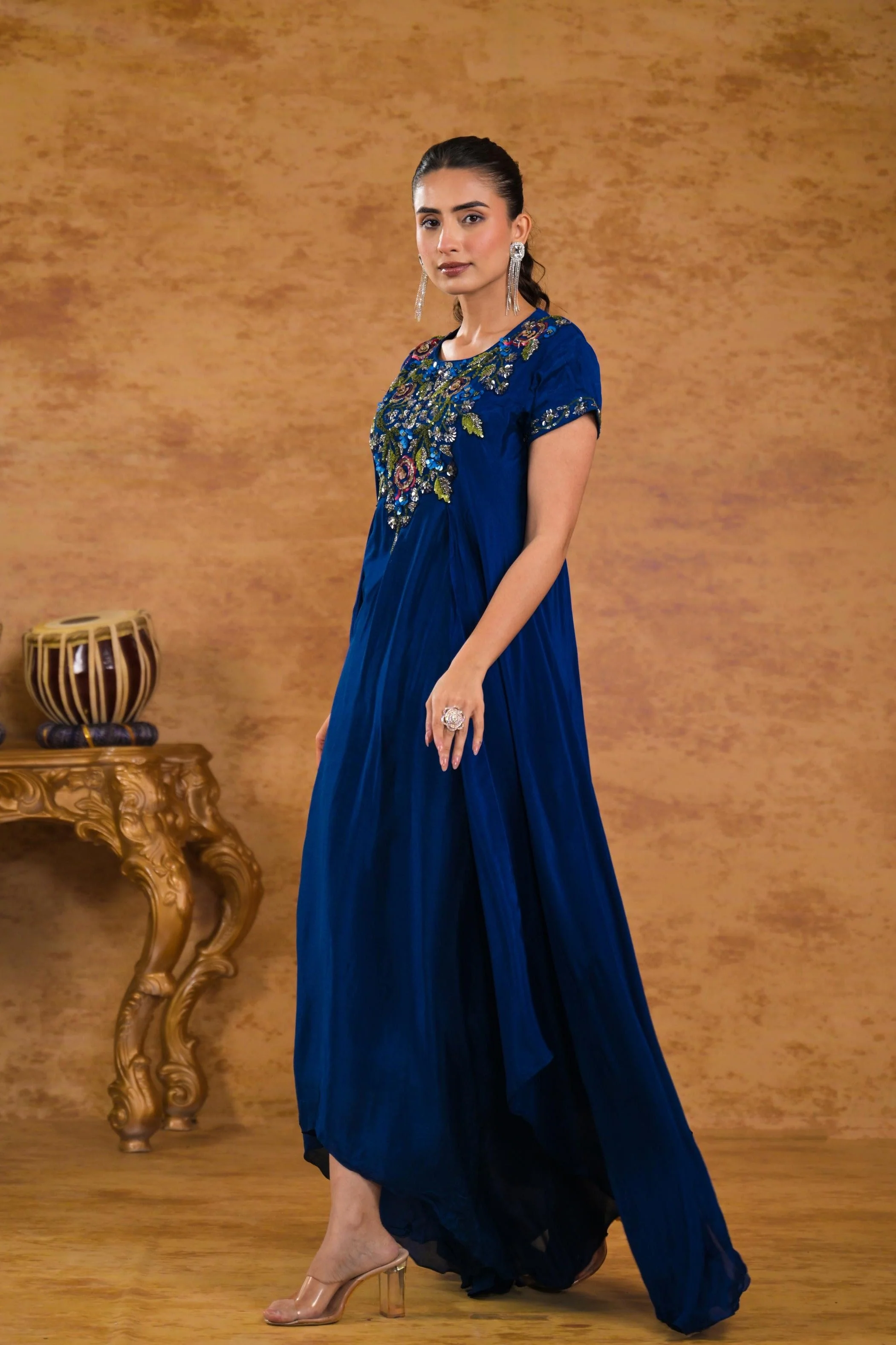 Deep Blue Embroidered Chinon Silk Gown - Image 4