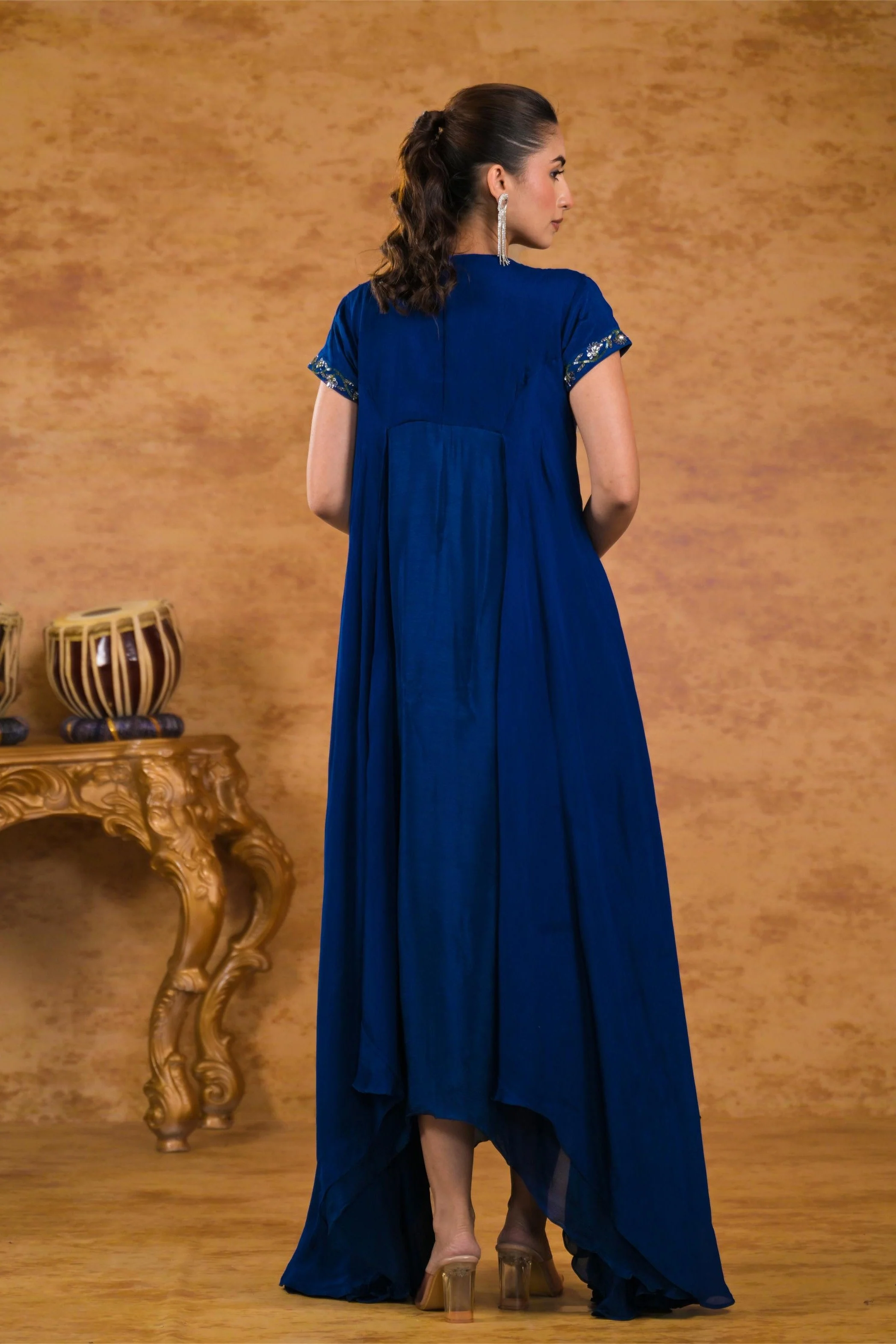 Deep Blue Embroidered Chinon Silk Gown - Image 5