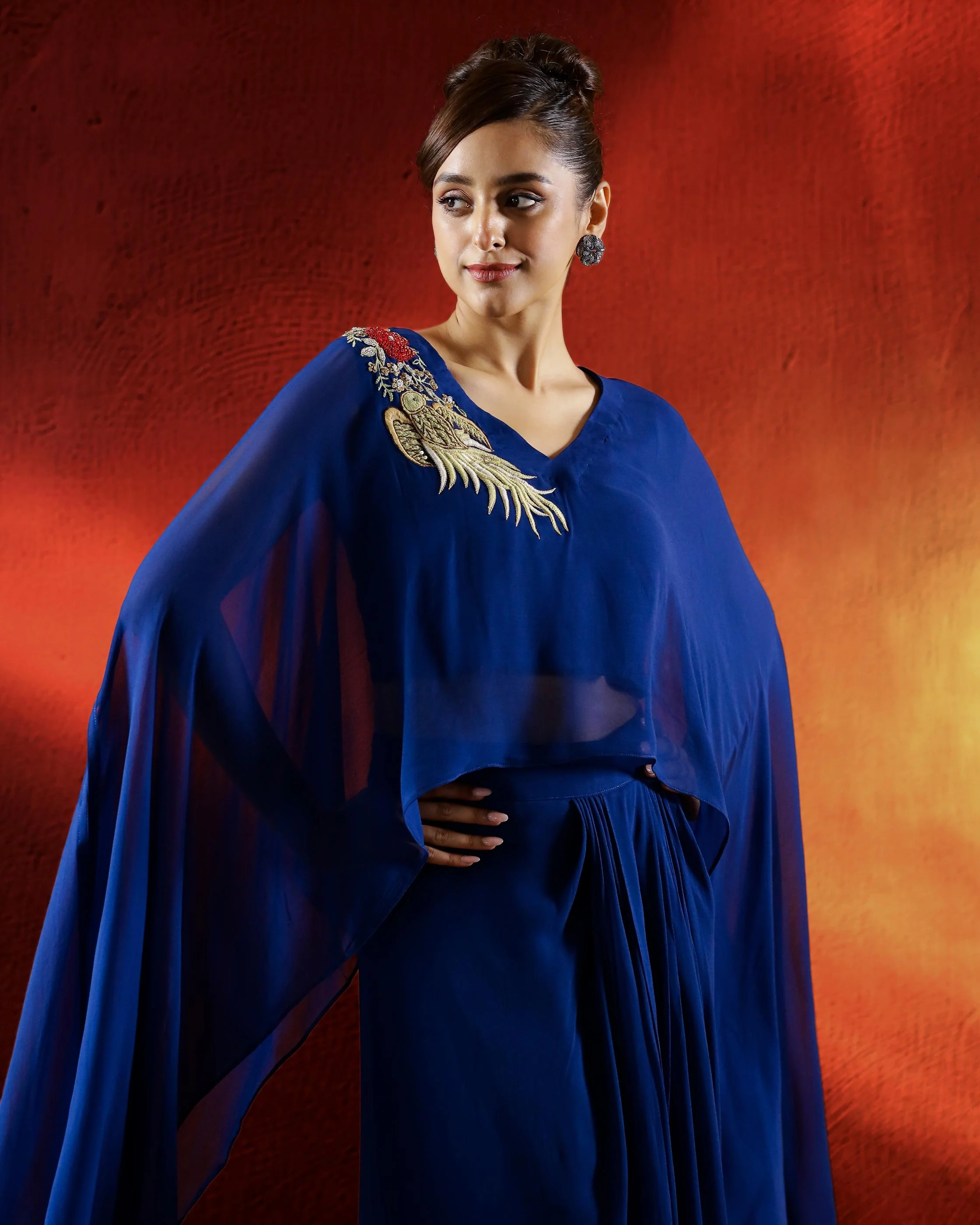 Deep Blue Embroidered Georgette Drape Skirt Set - Image 2