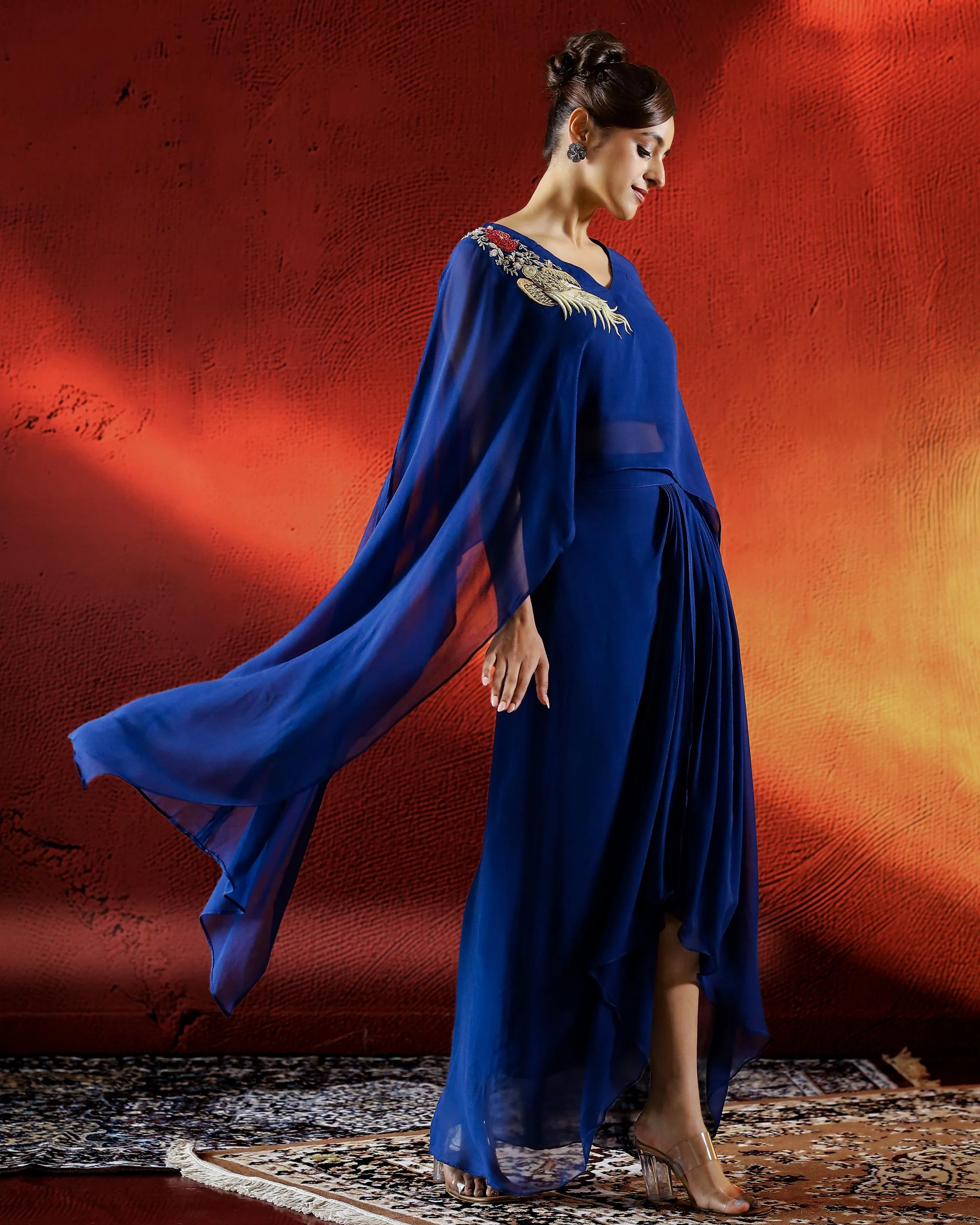 Deep Blue Embroidered Georgette Drape Skirt Set - Image 3