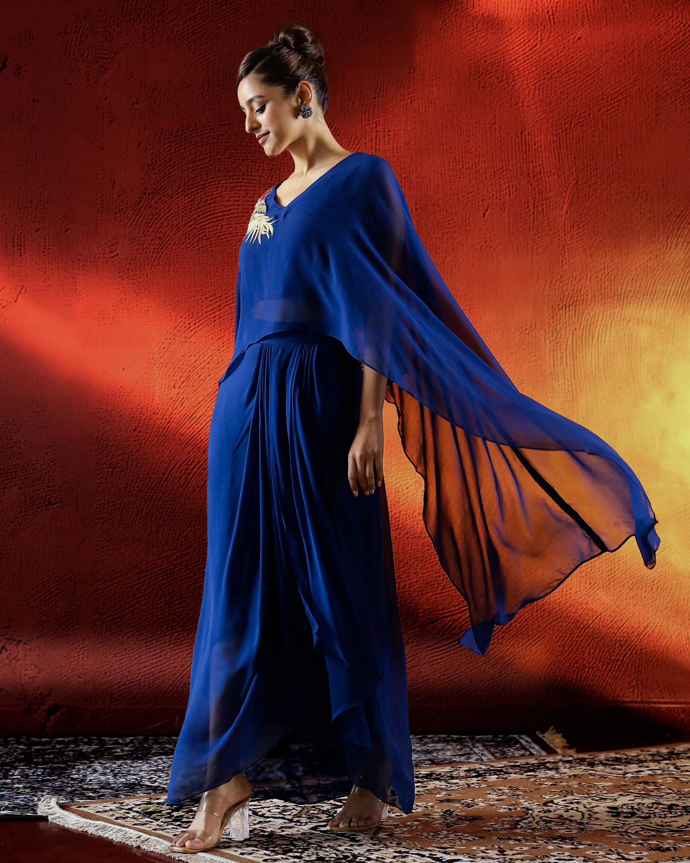 Deep Blue Embroidered Georgette Drape Skirt Set - Image 4