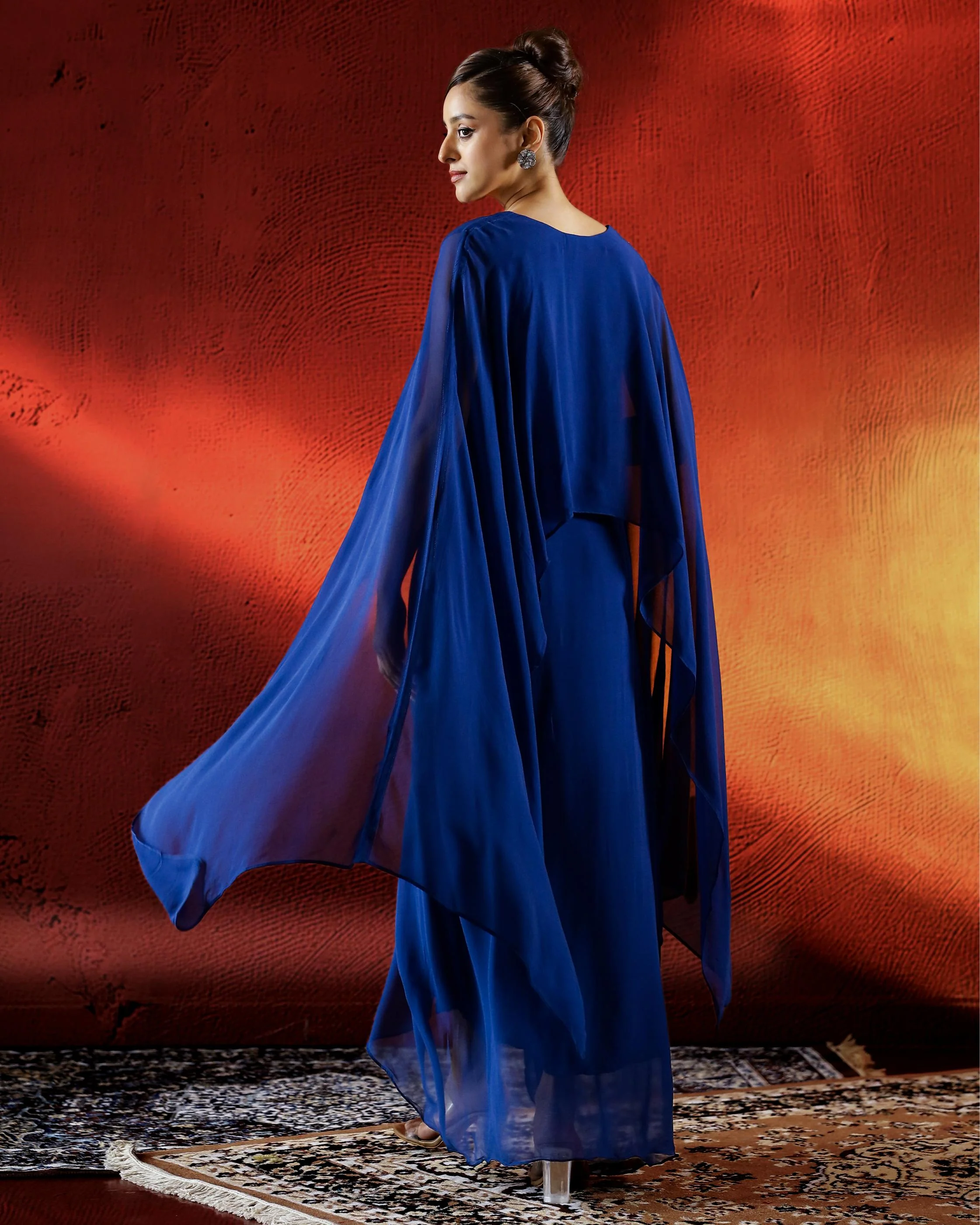 Deep Blue Embroidered Georgette Drape Skirt Set - Image 5