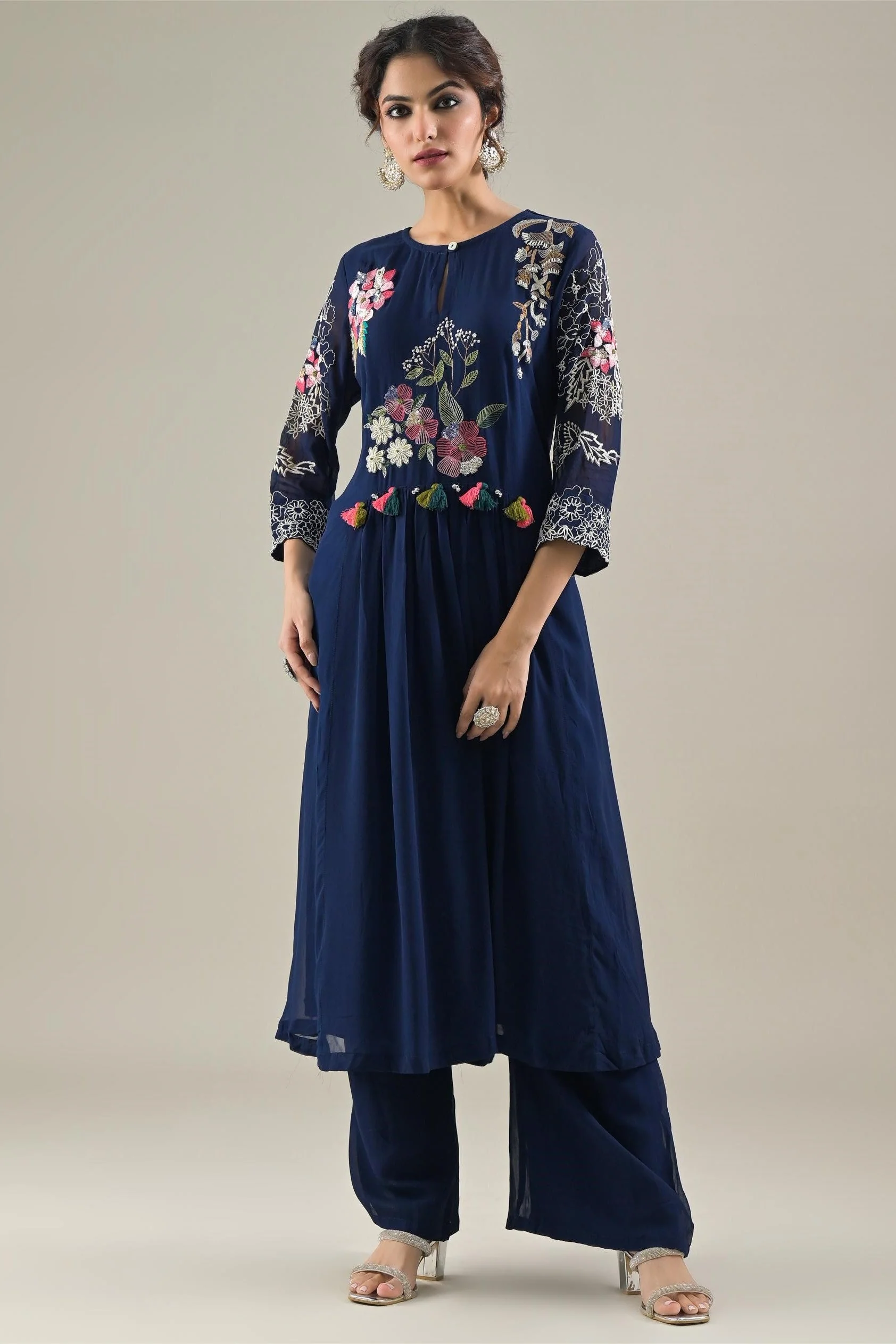 Deep Blue Embroidered Georgette Silk Kurta & Pants Set - Image 3