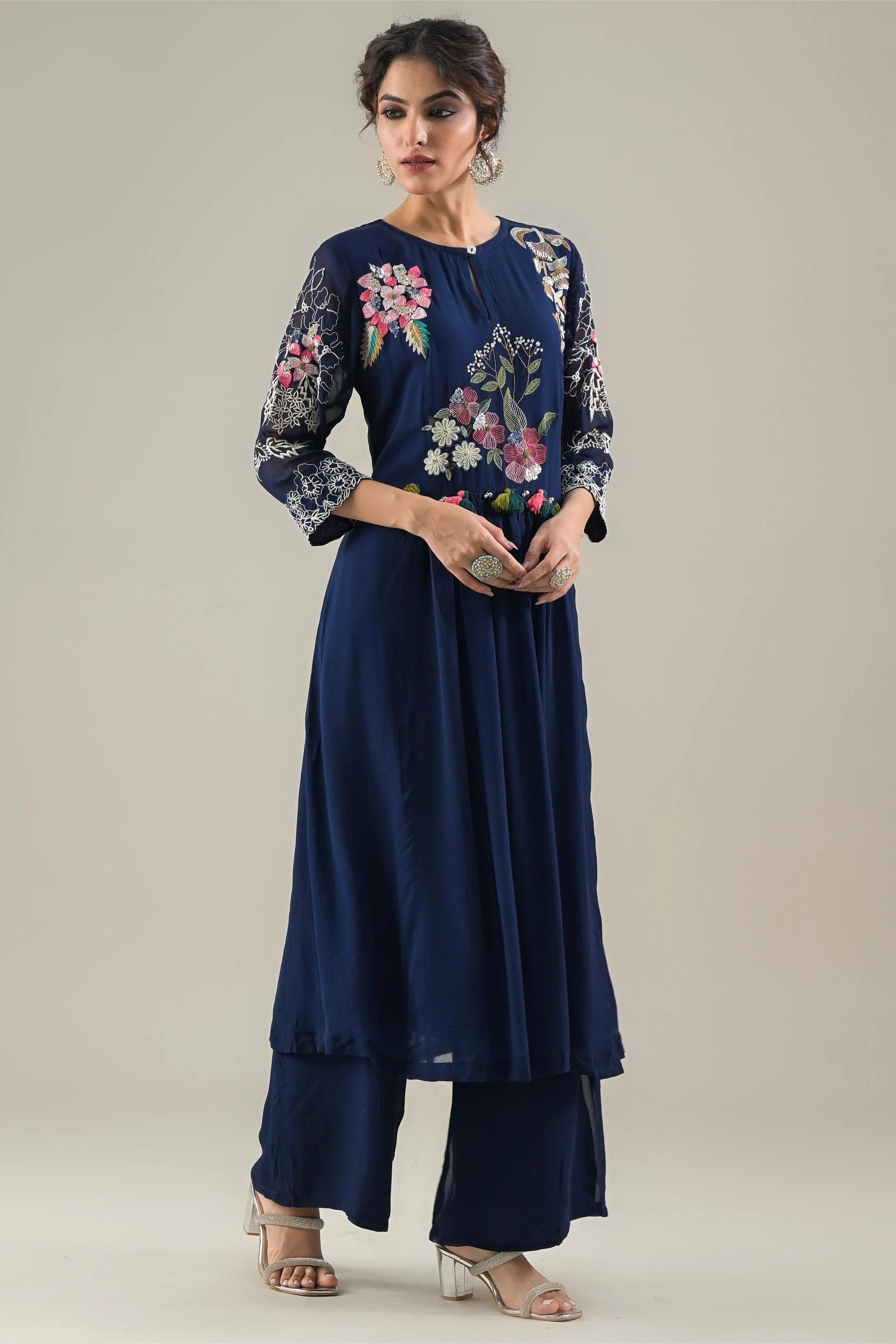 Deep Blue Embroidered Georgette Silk Kurta & Pants Set - Image 4