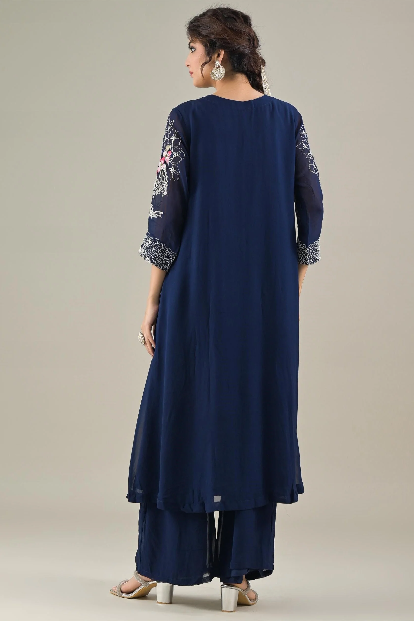 Deep Blue Embroidered Georgette Silk Kurta & Pants Set - Image 5