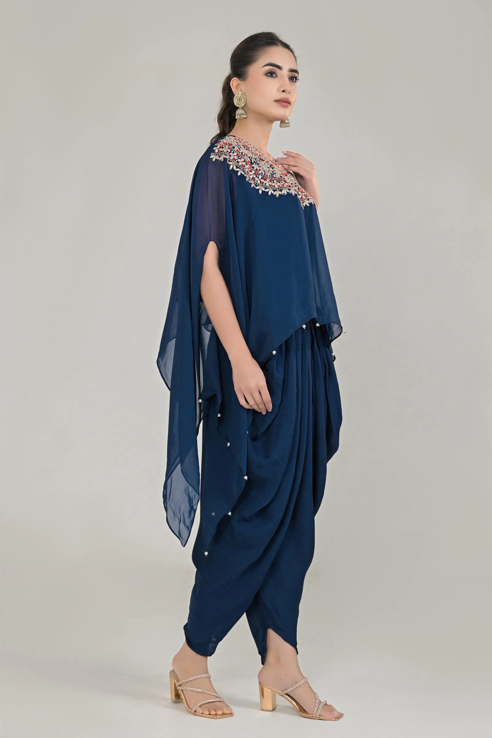 Deep Blue Embroidered Organza Silk Kaftan Set - Image 3