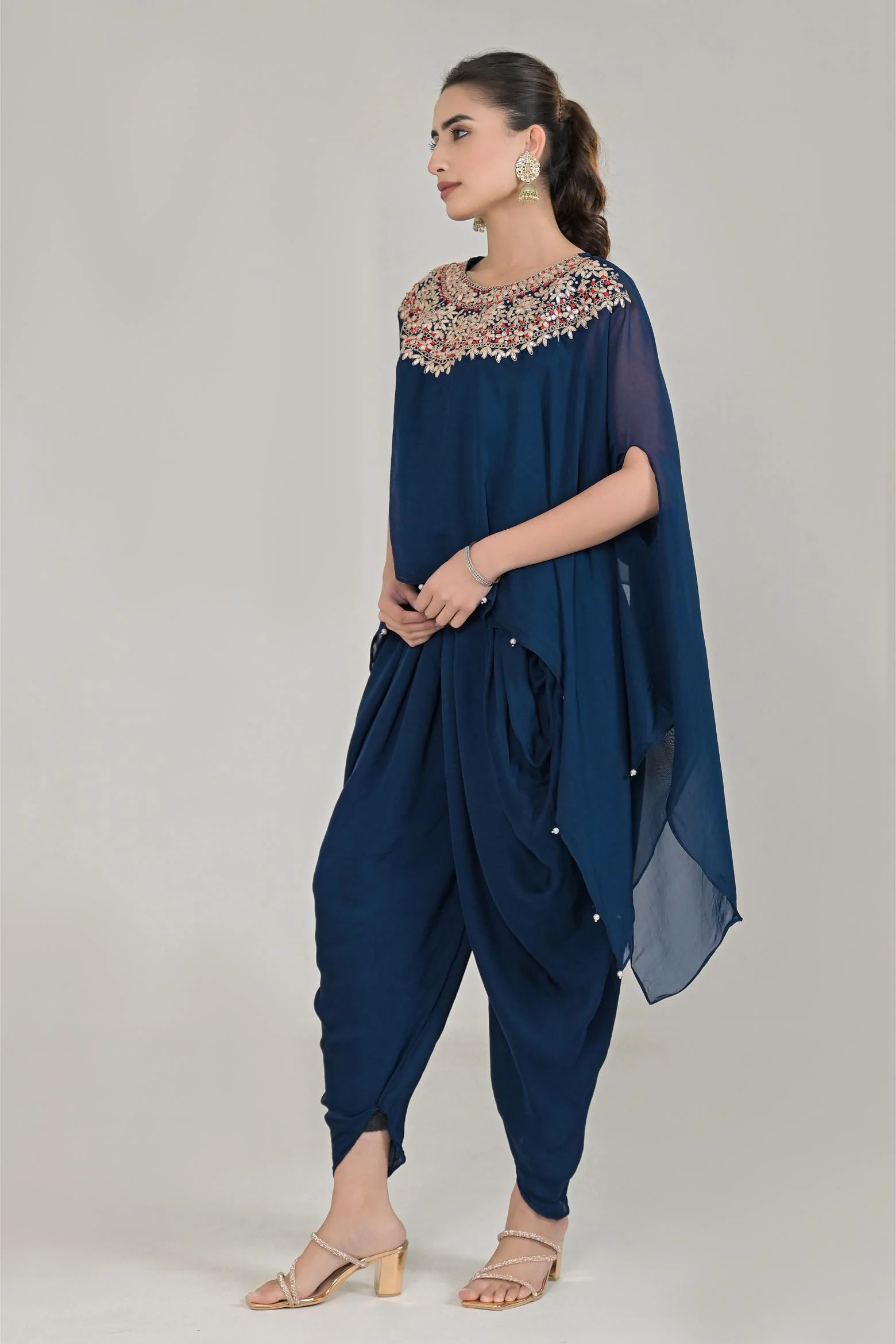 Deep Blue Embroidered Organza Silk Kaftan Set - Image 4