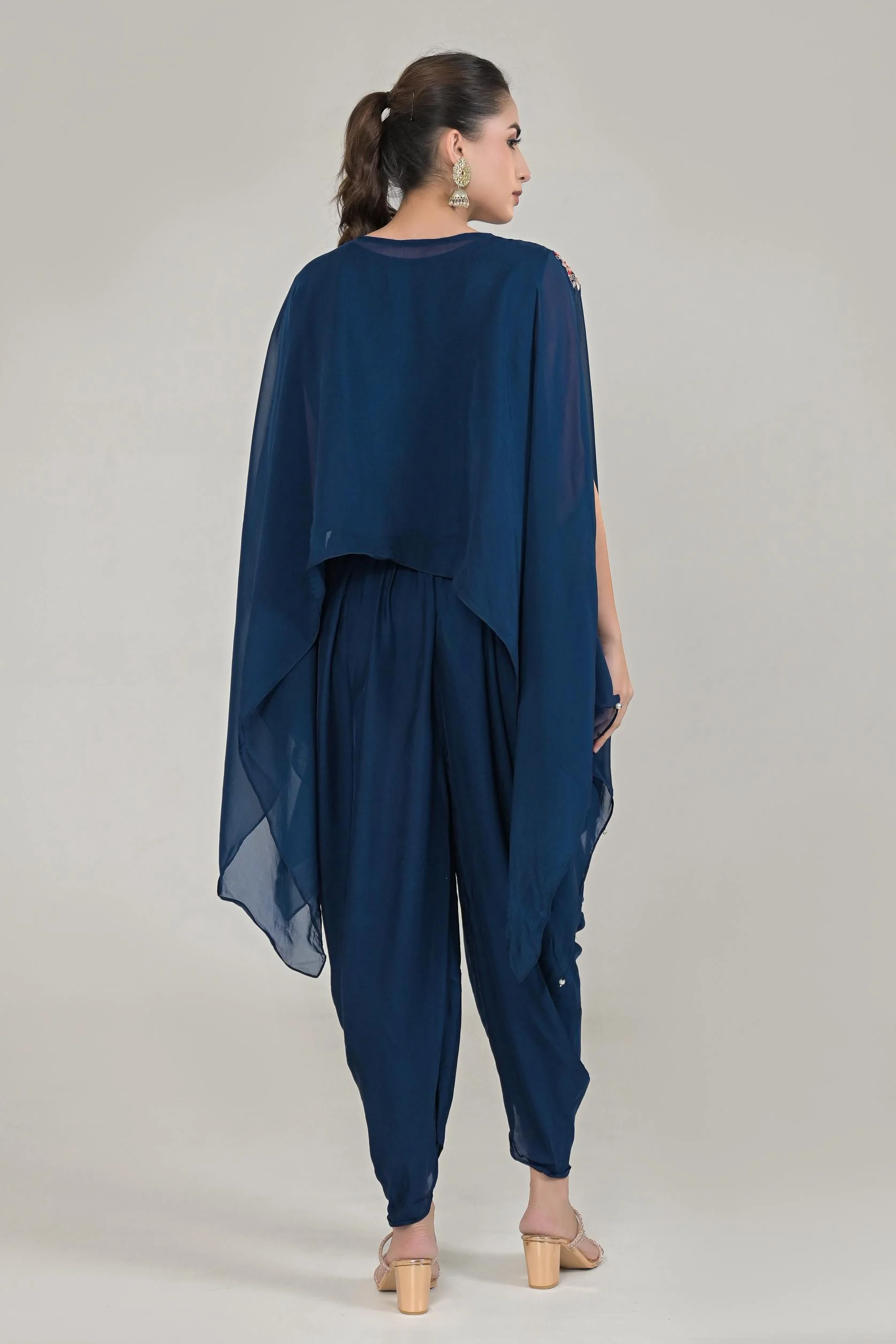 Deep Blue Embroidered Organza Silk Kaftan Set - Image 5