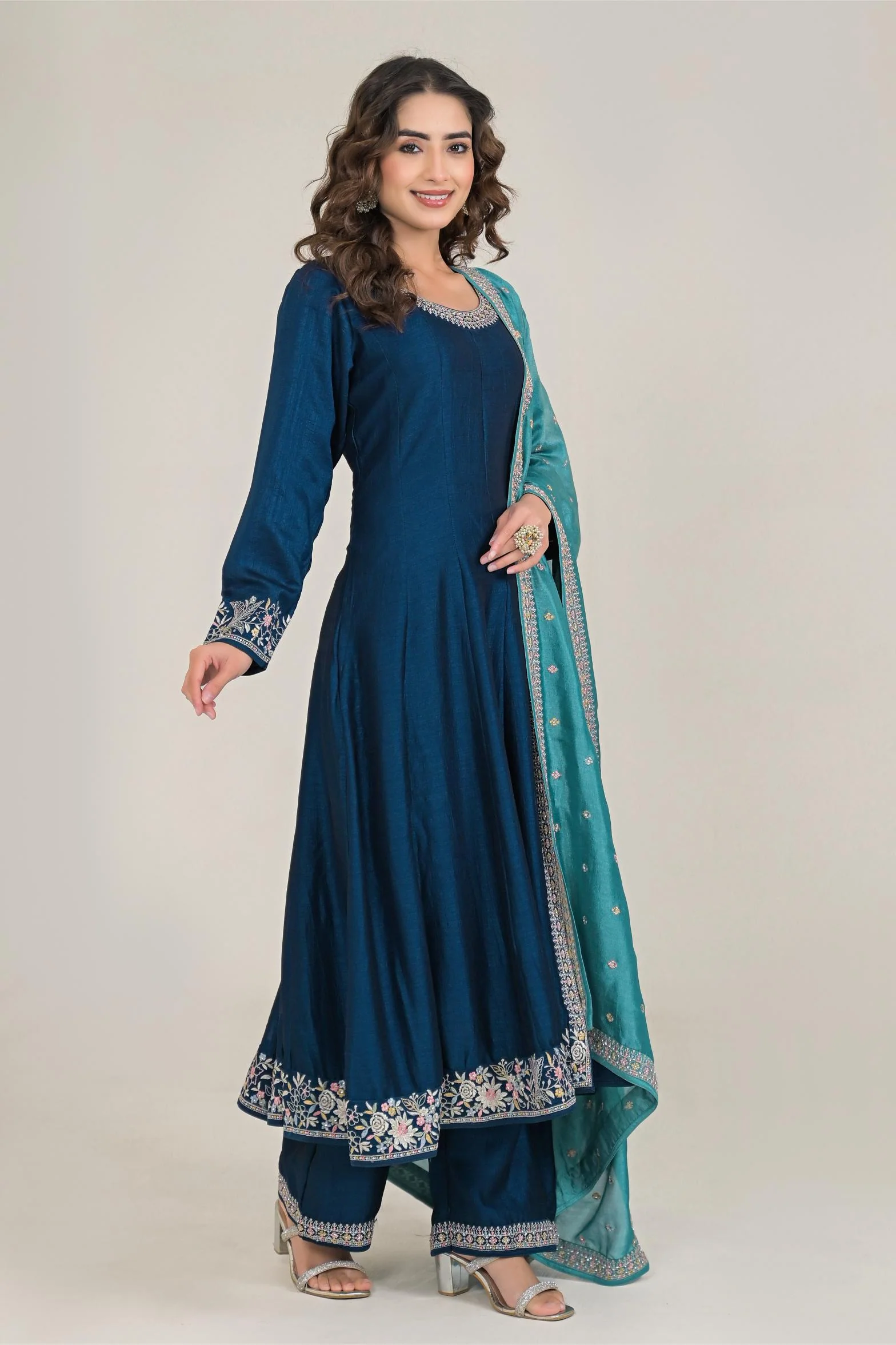 Deep Blue Embroidered Premium Silk Anarkali Set - Image 3