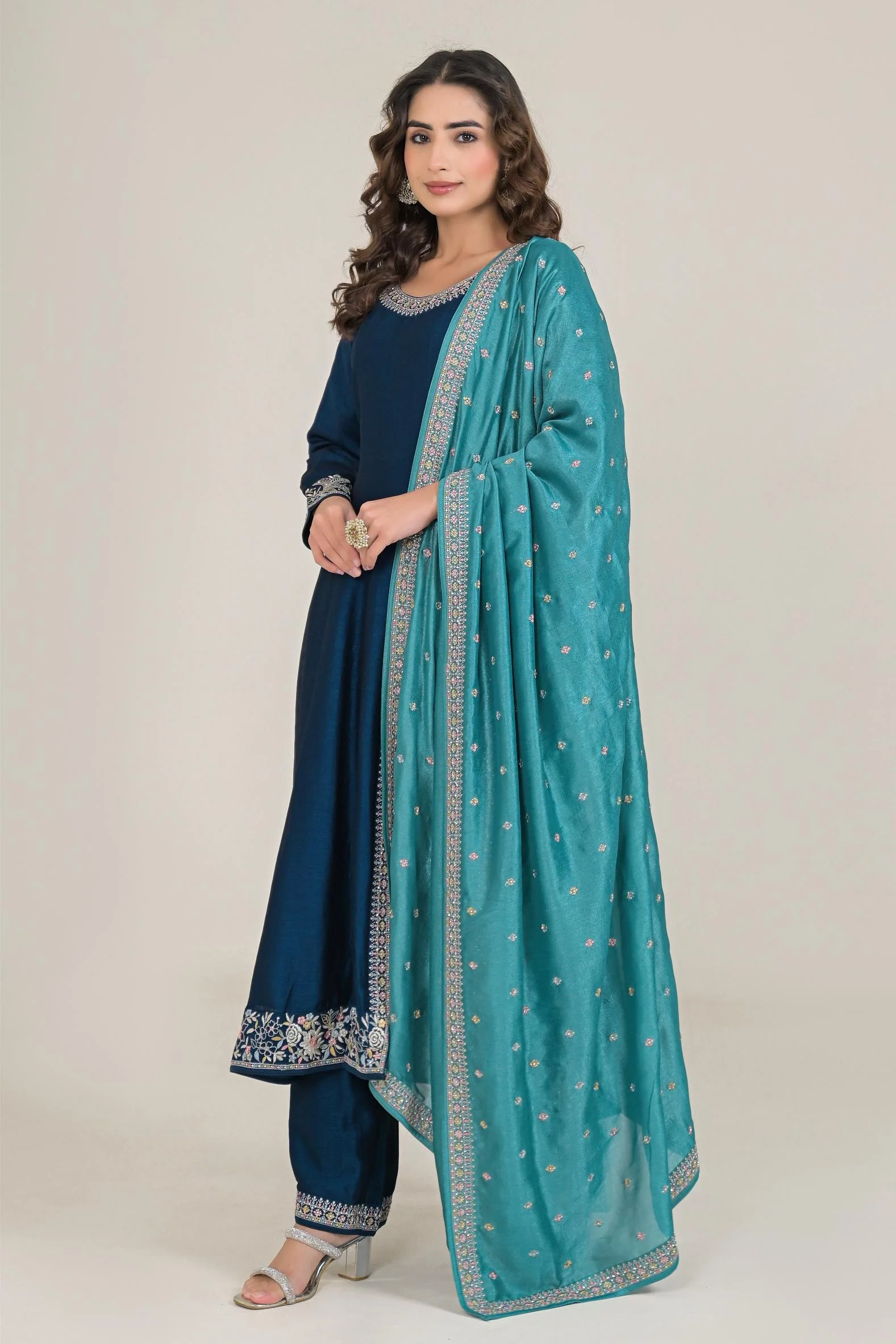 Deep Blue Embroidered Premium Silk Anarkali Set - Image 4
