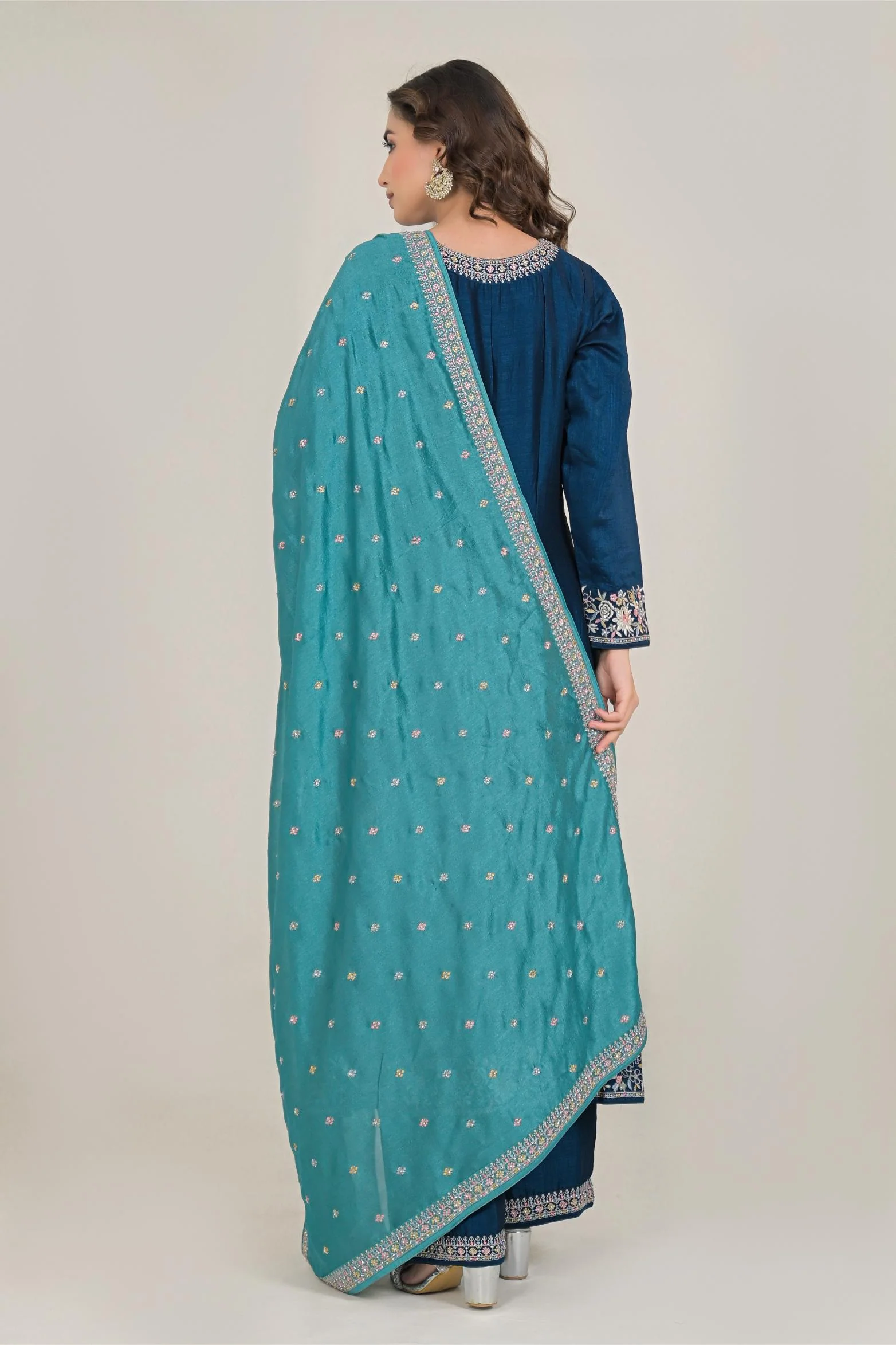 Deep Blue Embroidered Premium Silk Anarkali Set - Image 5
