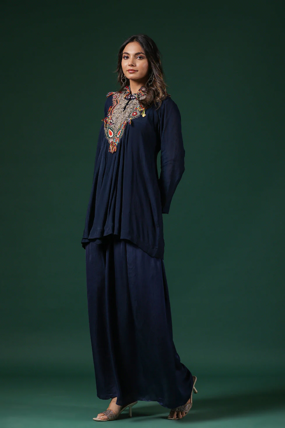 Deep Blue Embroidered Premium Silk Co-Ord Set - Image 3