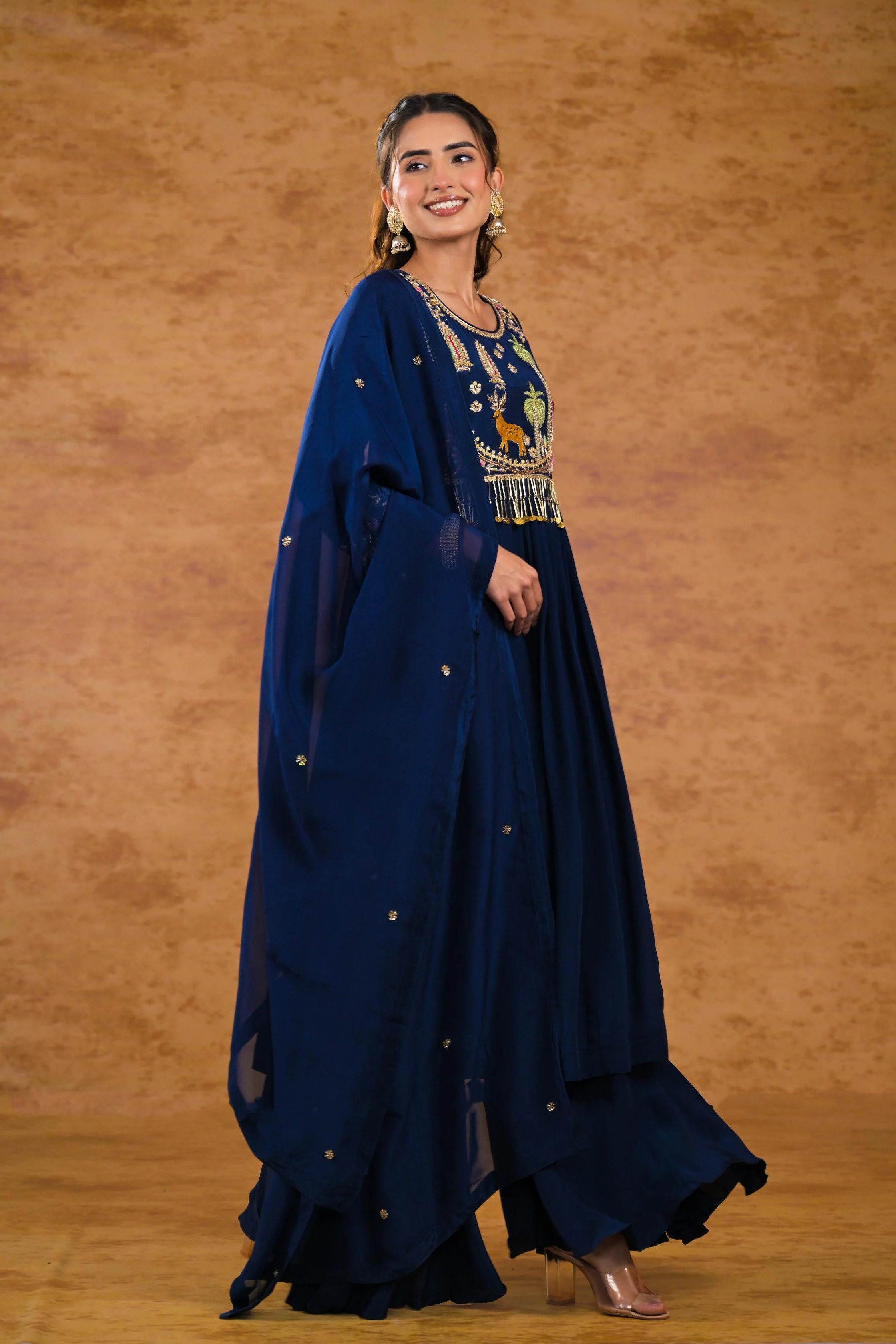 Deep Blue Embroidered Premium Silk Palazzo Set - Image 3