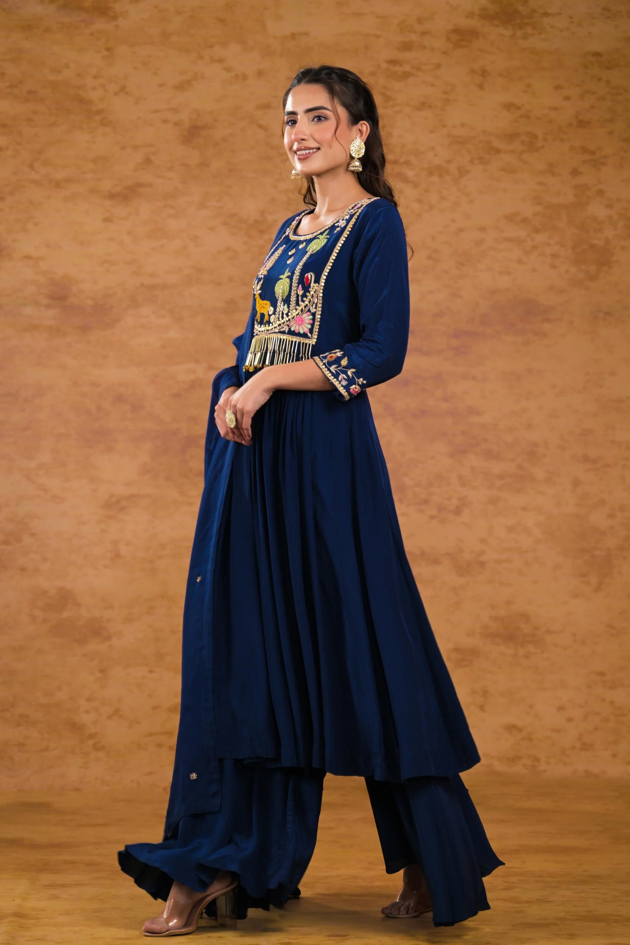 Deep Blue Embroidered Premium Silk Palazzo Set - Image 4