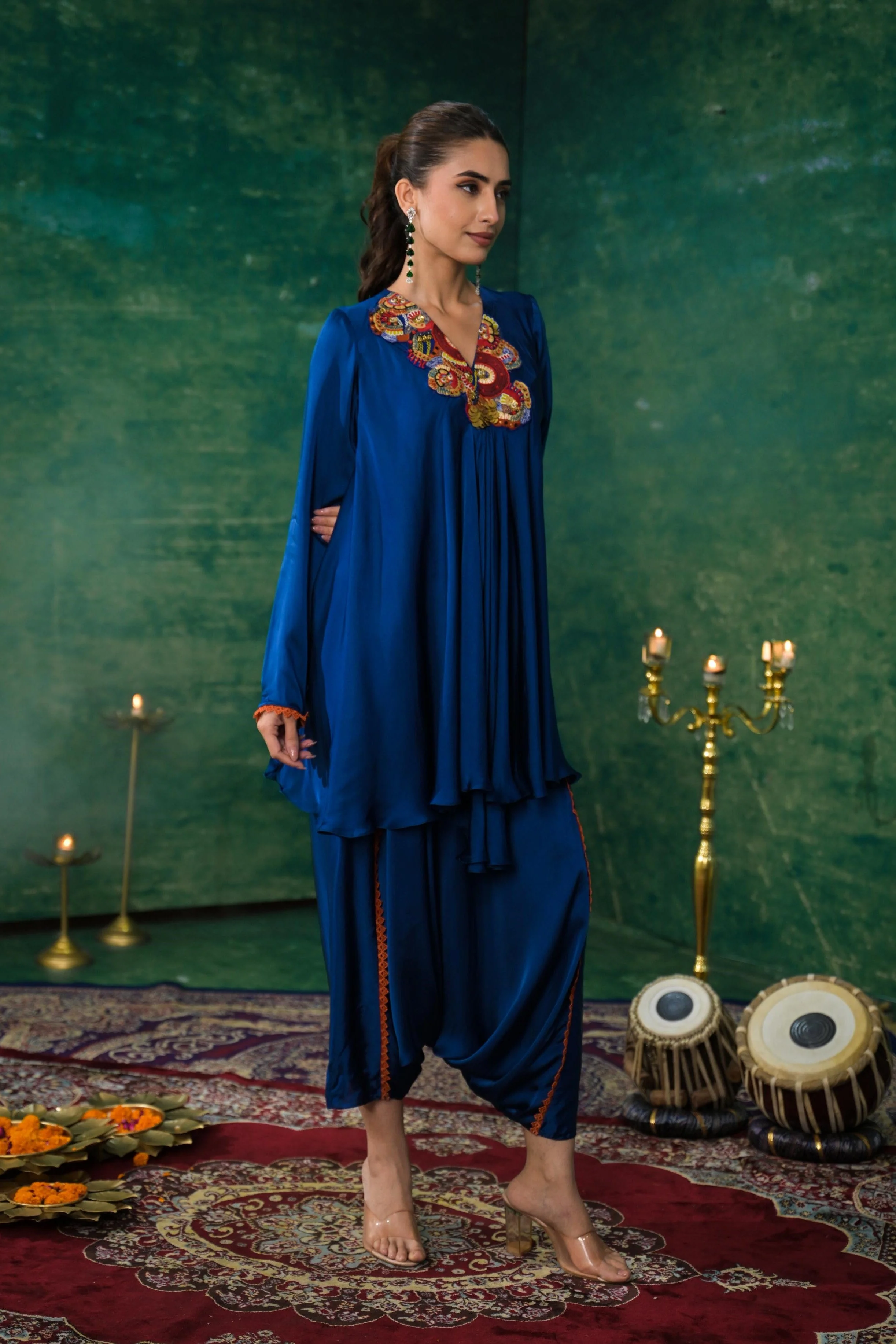 Deep Blue Embroidered Satin Silk Co-Ord Set - Image 3