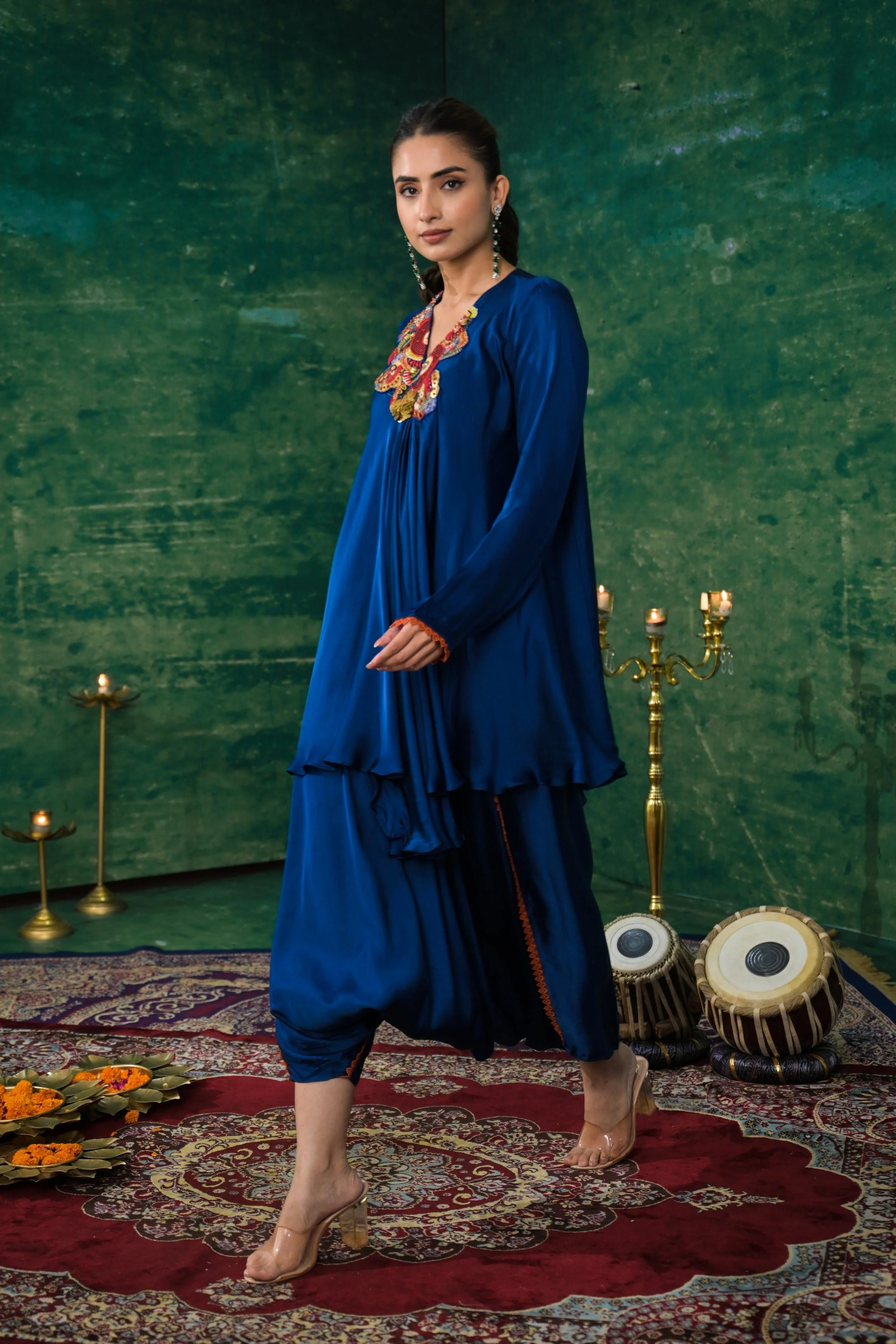 Deep Blue Embroidered Satin Silk Co-Ord Set - Image 4