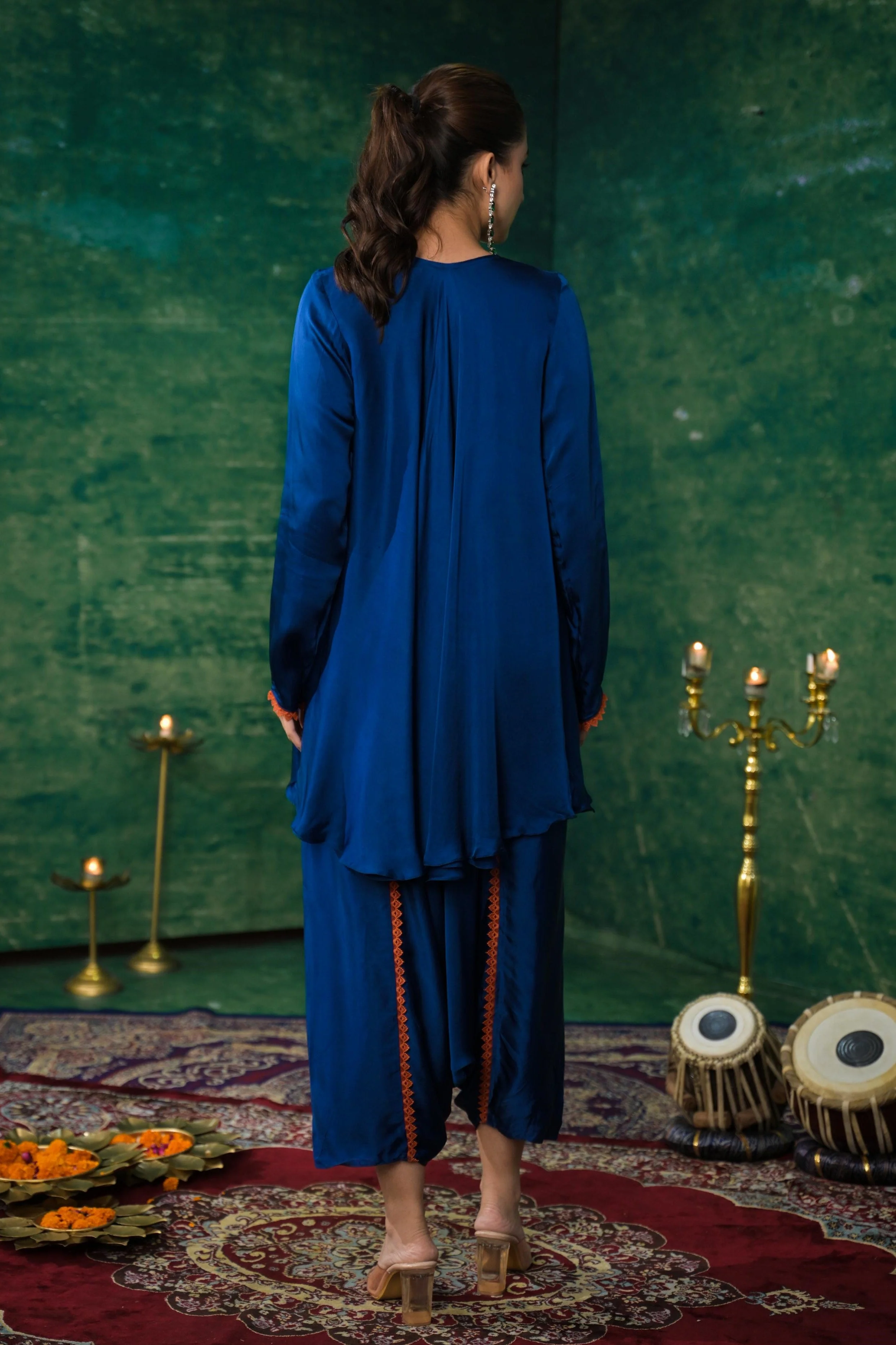 Deep Blue Embroidered Satin Silk Co-Ord Set - Image 5