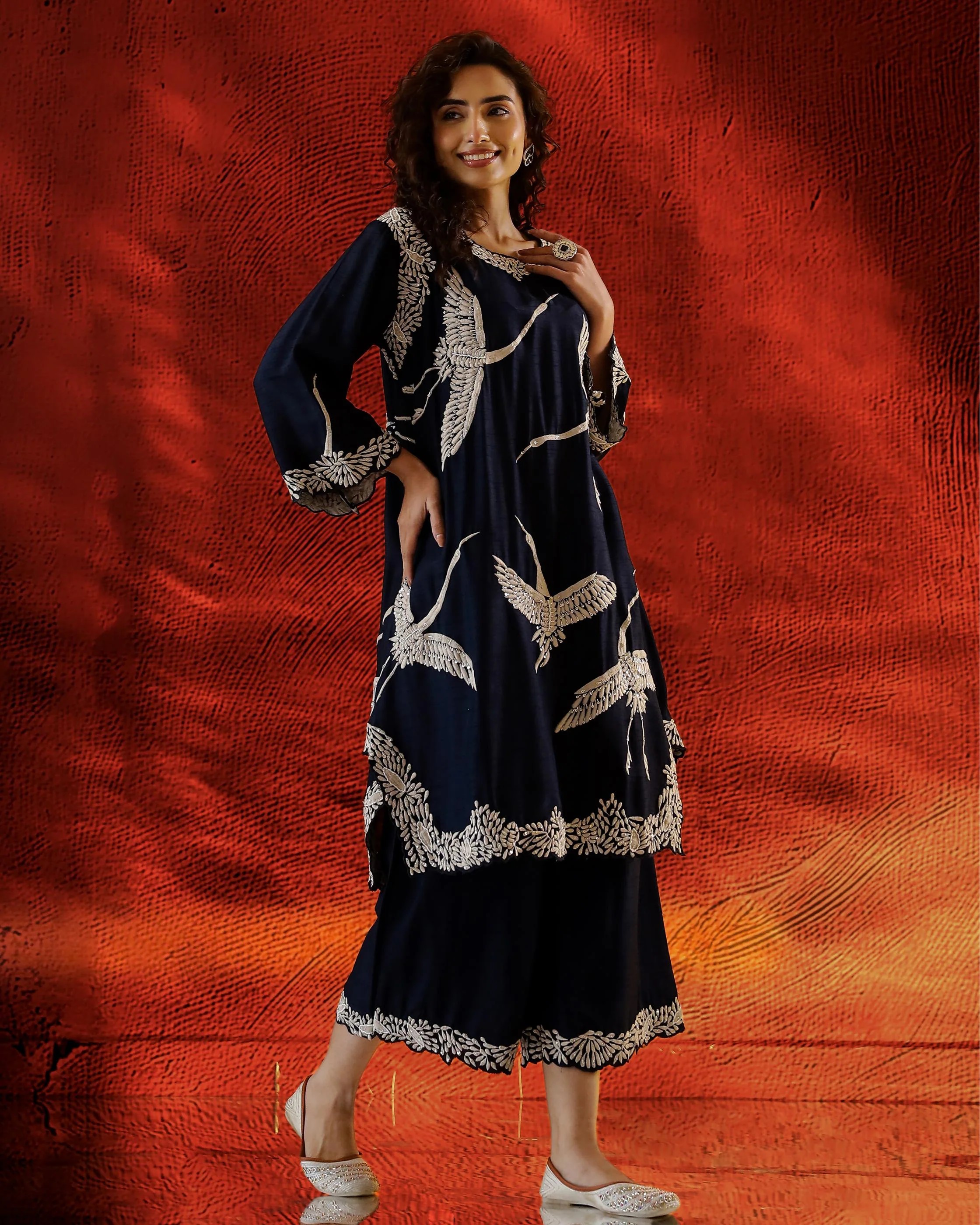 Deep Blue Flamingo Embroidered Raw Silk Co-Ord Set - Image 3