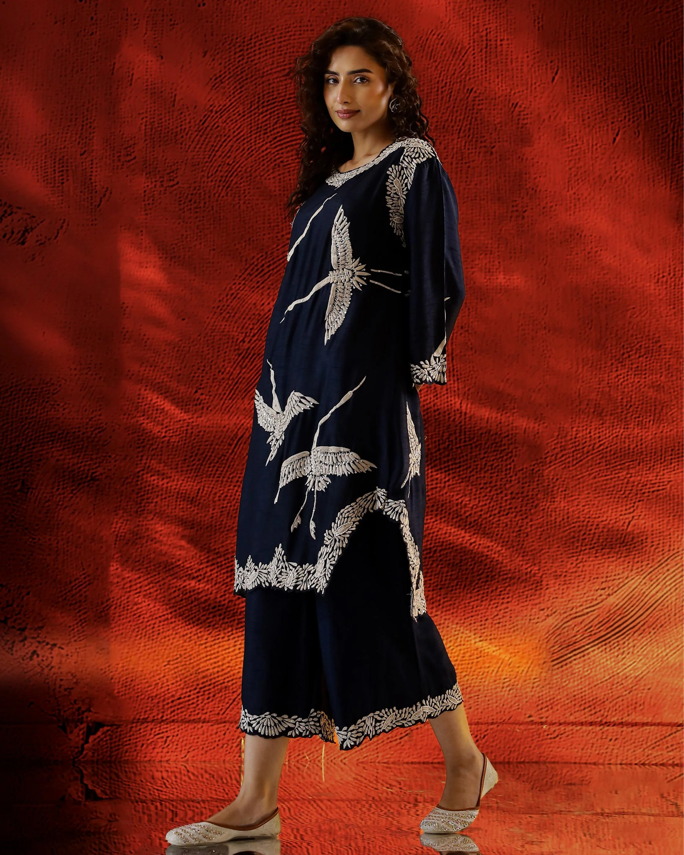 Deep Blue Flamingo Embroidered Raw Silk Co-Ord Set - Image 4