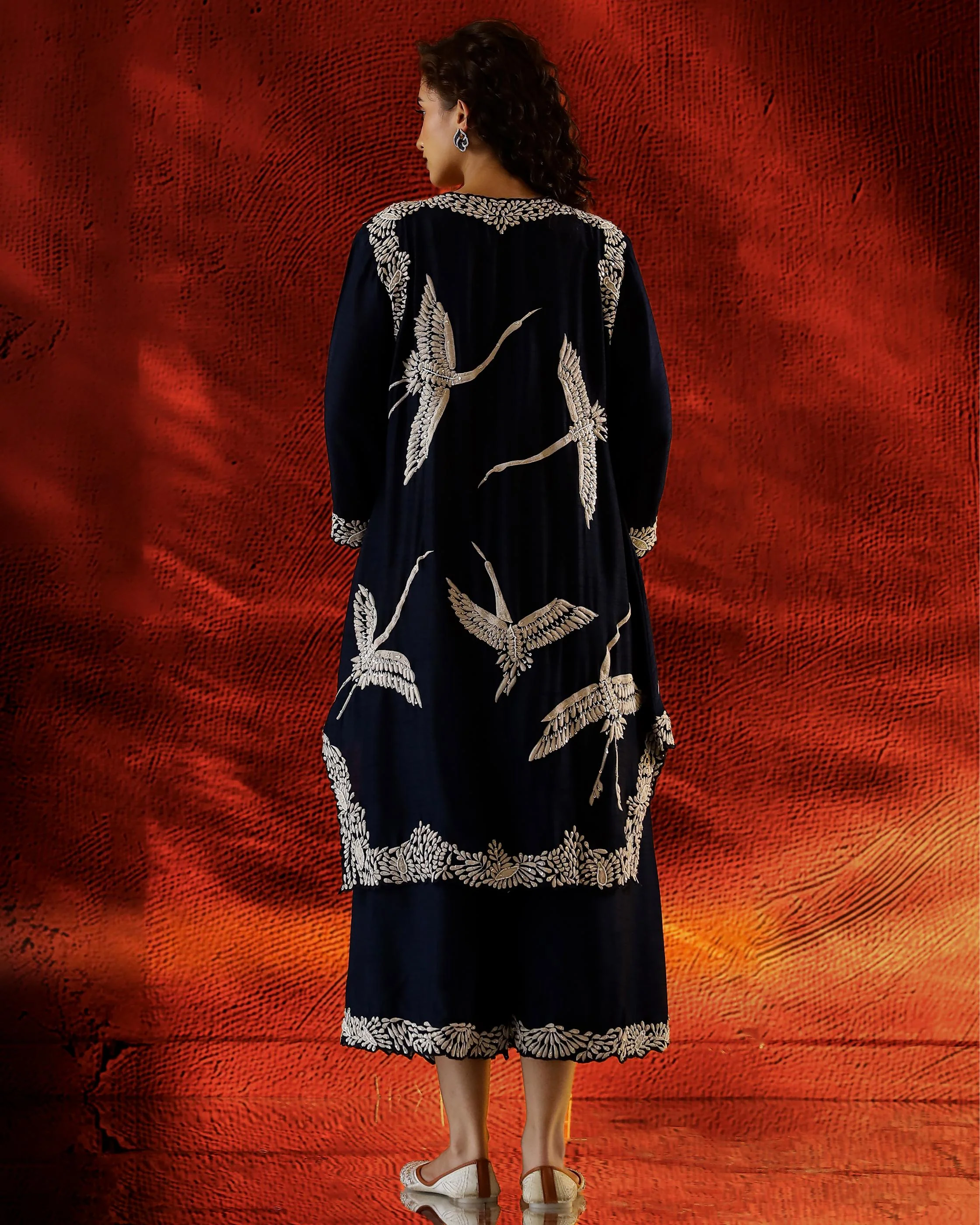 Deep Blue Flamingo Embroidered Raw Silk Co-Ord Set - Image 5