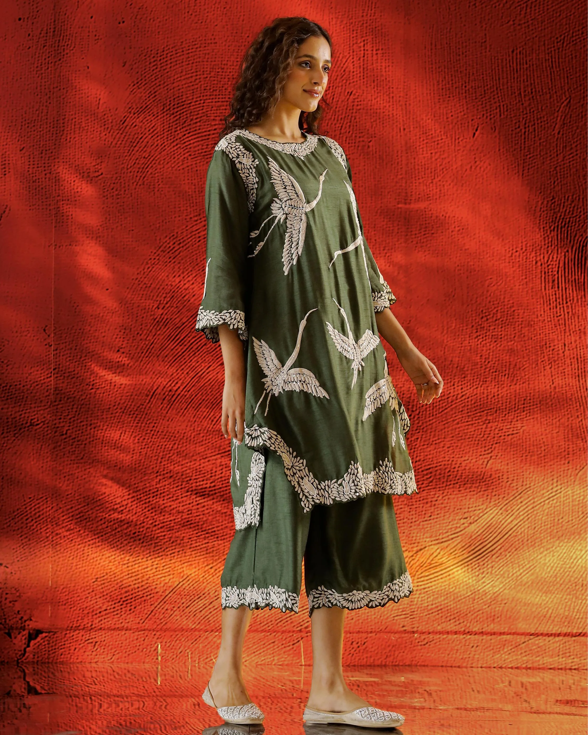 Forest Green Flamingo Embroidered Raw Silk Co-Ord Set - Image 3