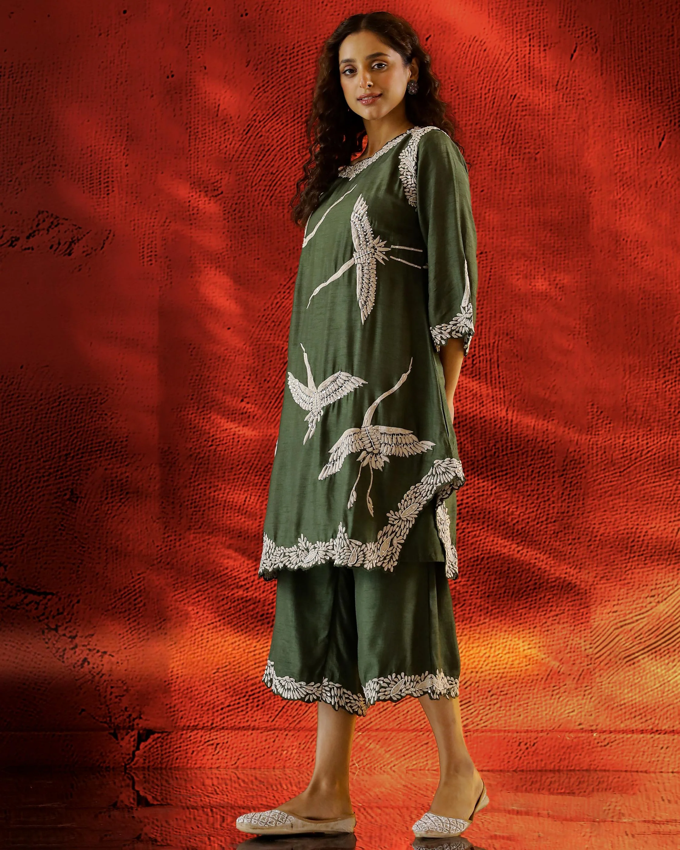 Forest Green Flamingo Embroidered Raw Silk Co-Ord Set - Image 4