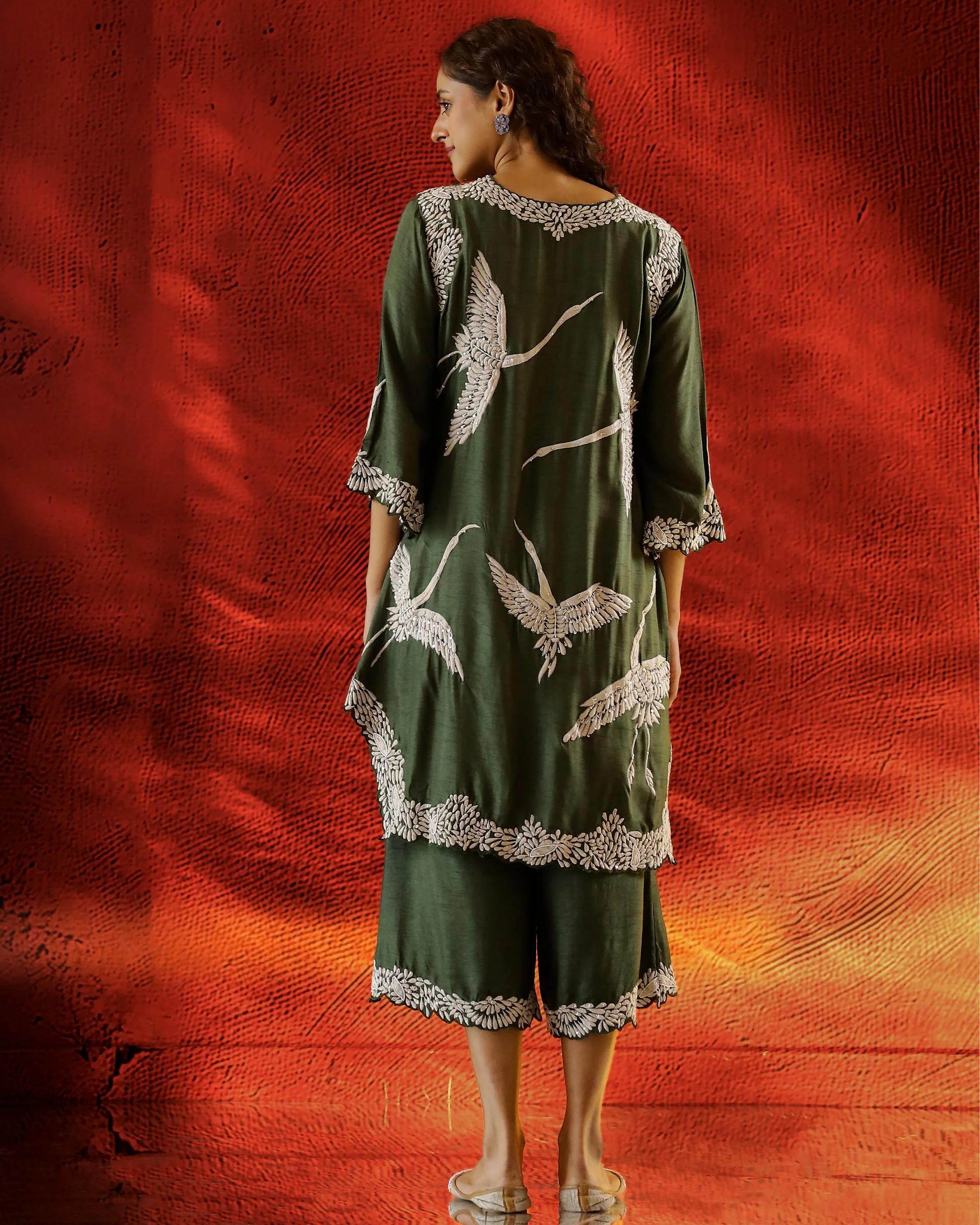 Forest Green Flamingo Embroidered Raw Silk Co-Ord Set - Image 5