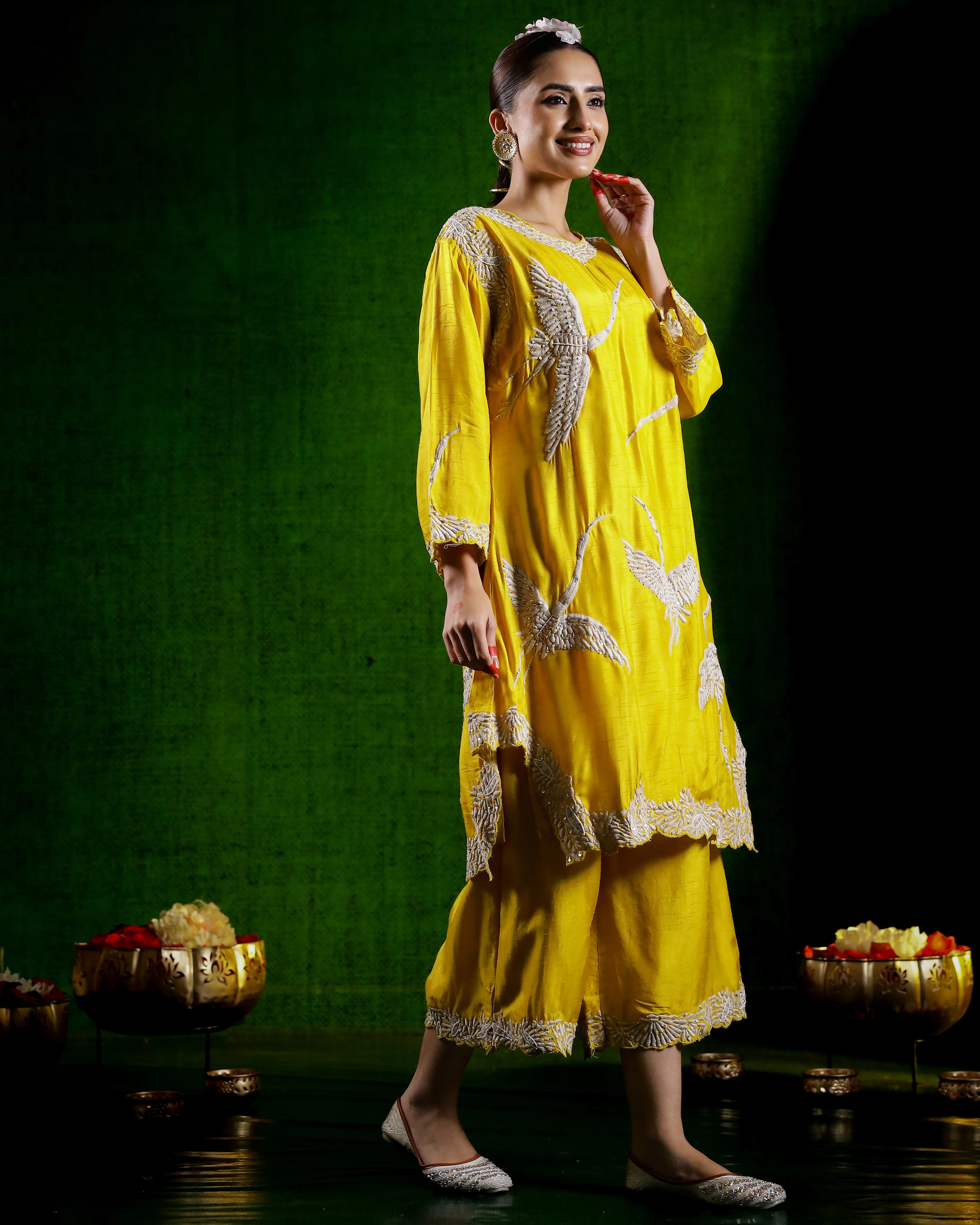 Bright Yellow Flamingo Embroidered Raw Silk Co-Ord Set - Image 3
