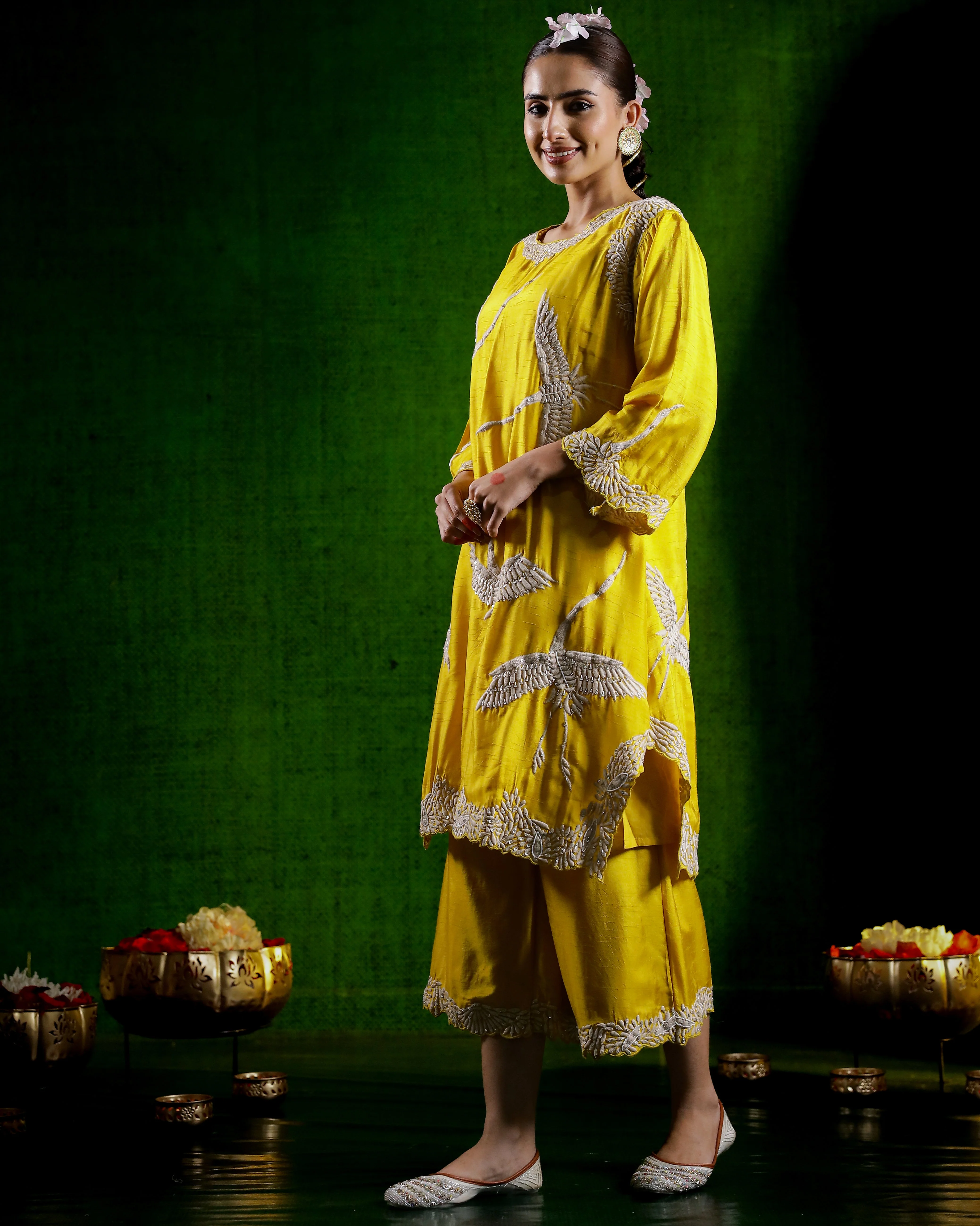Bright Yellow Flamingo Embroidered Raw Silk Co-Ord Set - Image 4