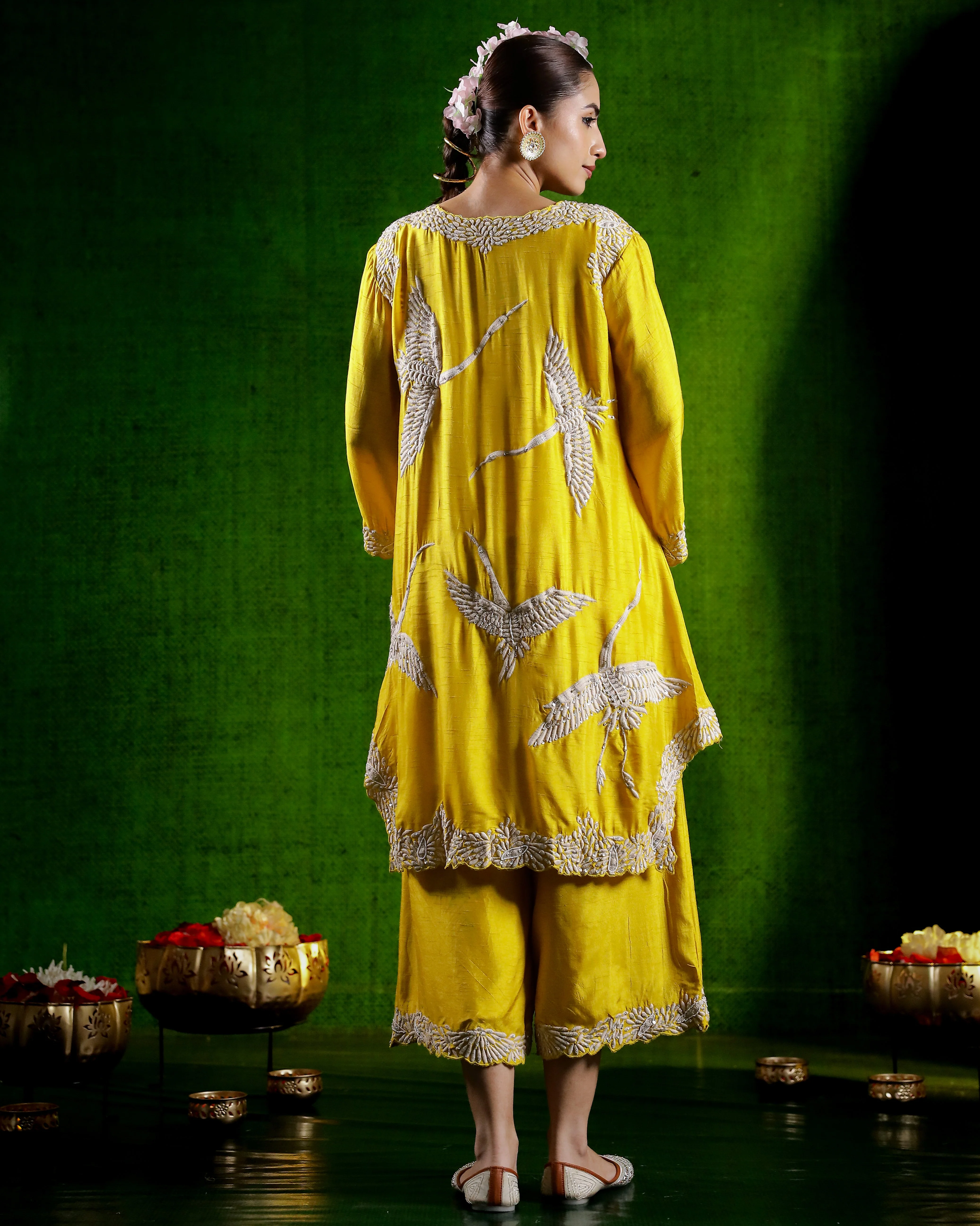 Bright Yellow Flamingo Embroidered Raw Silk Co-Ord Set - Image 5