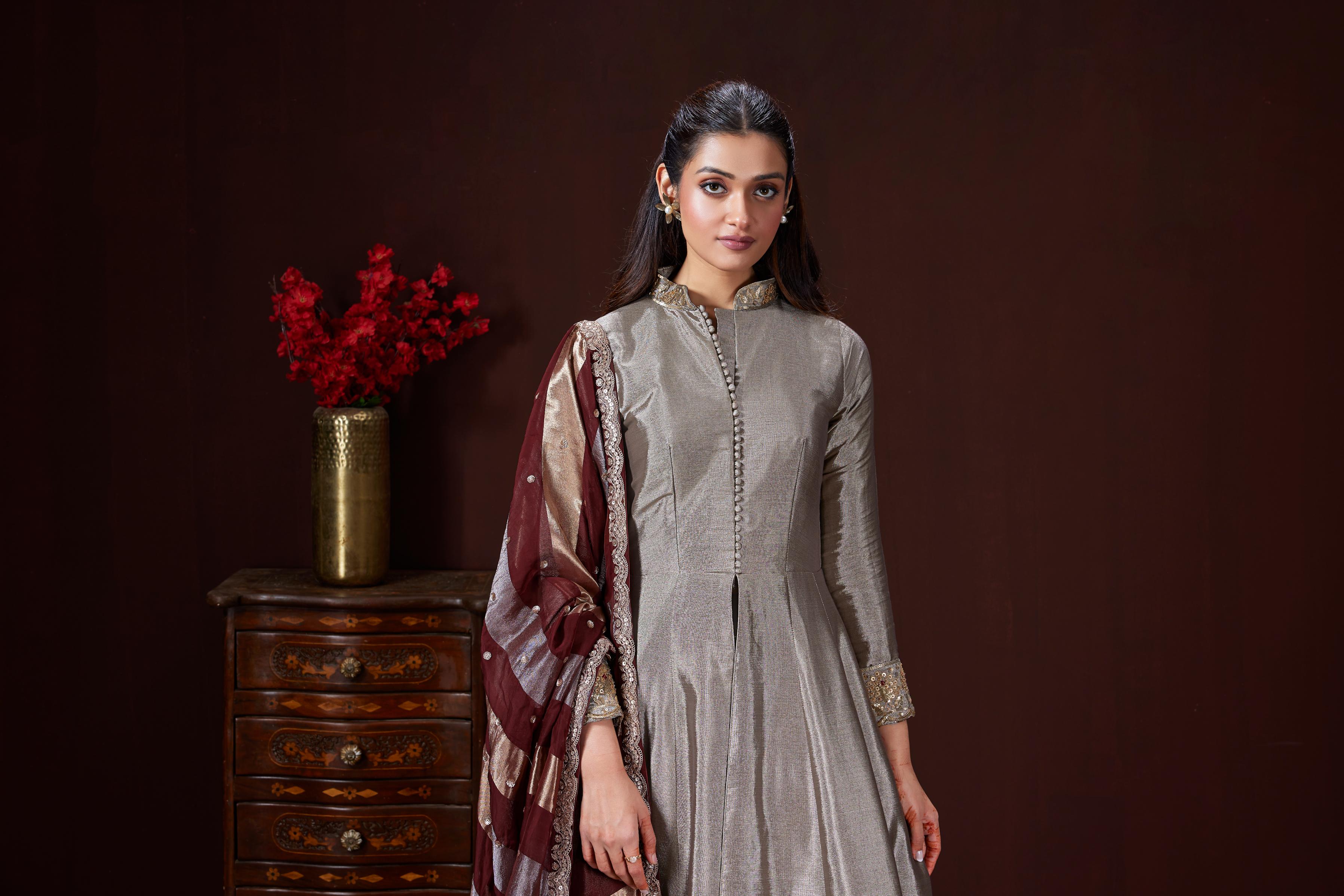 Light Grey Embellished Shimmer Raw Silk Anarkali Set - Image 2