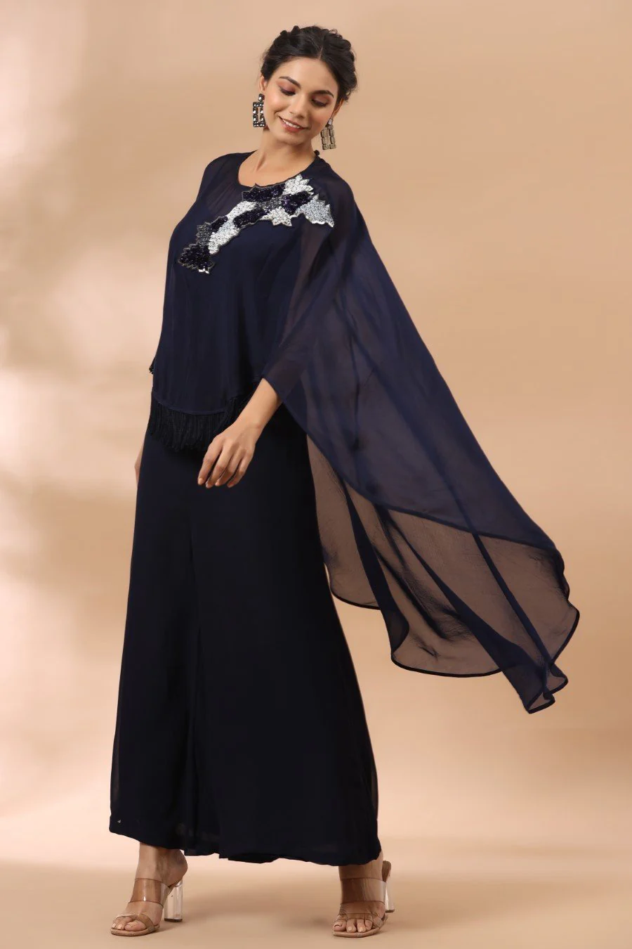 Deep Blue Jumpsuit with Embellished Cape - Image 3
