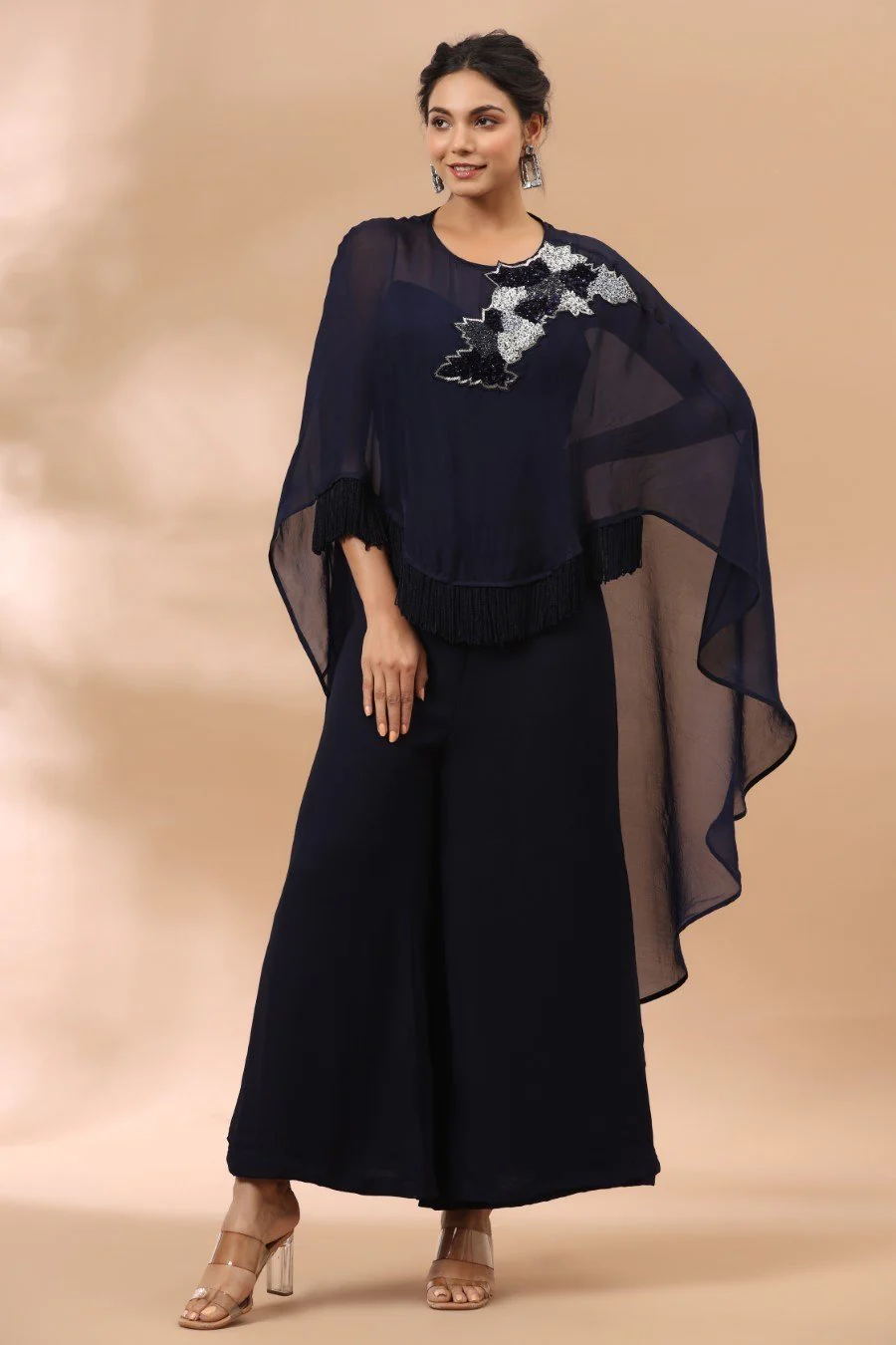 Deep Blue Jumpsuit with Embellished Cape - Image 4