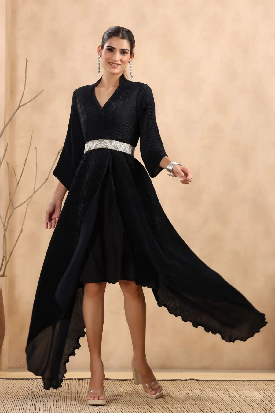 Deep Blue Pleated Asymmetrical Dress - Image 3