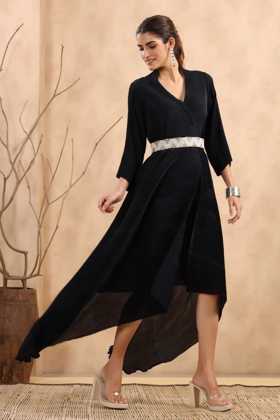 Deep Blue Pleated Asymmetrical Dress - Image 4