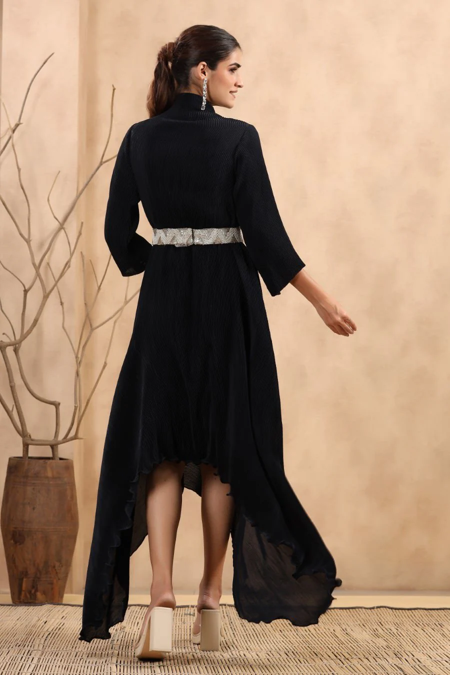 Deep Blue Pleated Asymmetrical Dress - Image 6