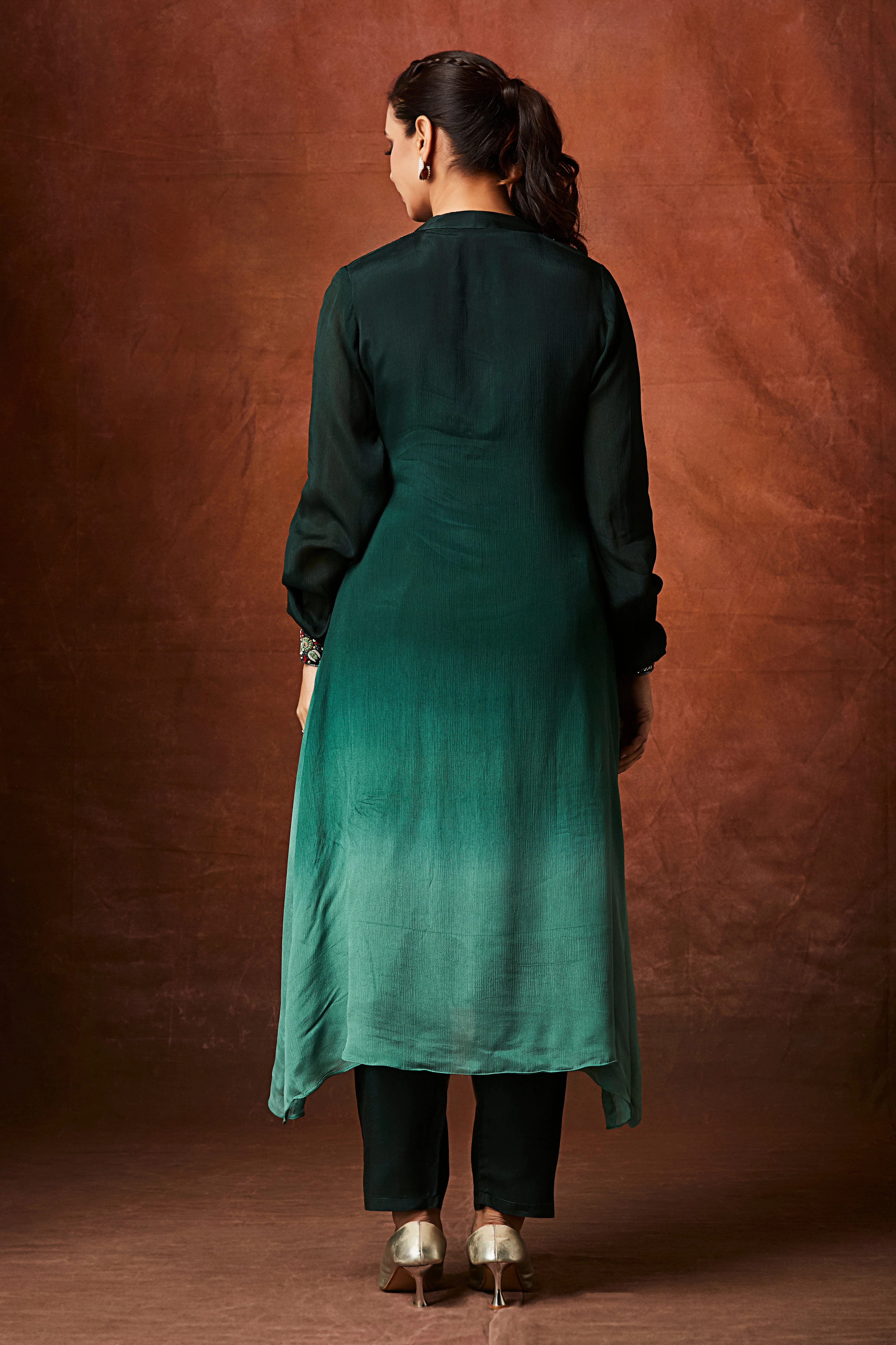 Dark Green to Sea Green Ombre Chinon Silk Kurta Set - Image 5