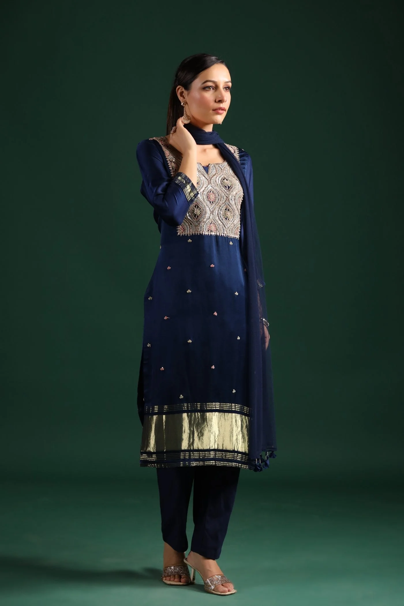 Deep Blue Zari Embroidered Gajji Silk Kurta Set - Image 2