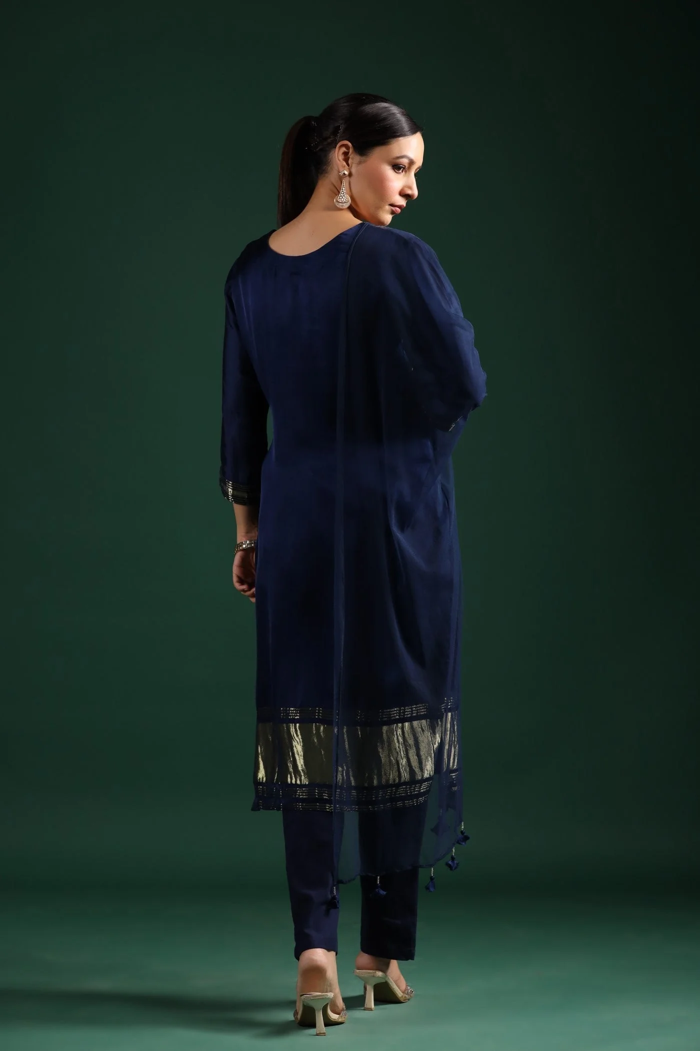 Deep Blue Zari Embroidered Gajji Silk Kurta Set - Image 3