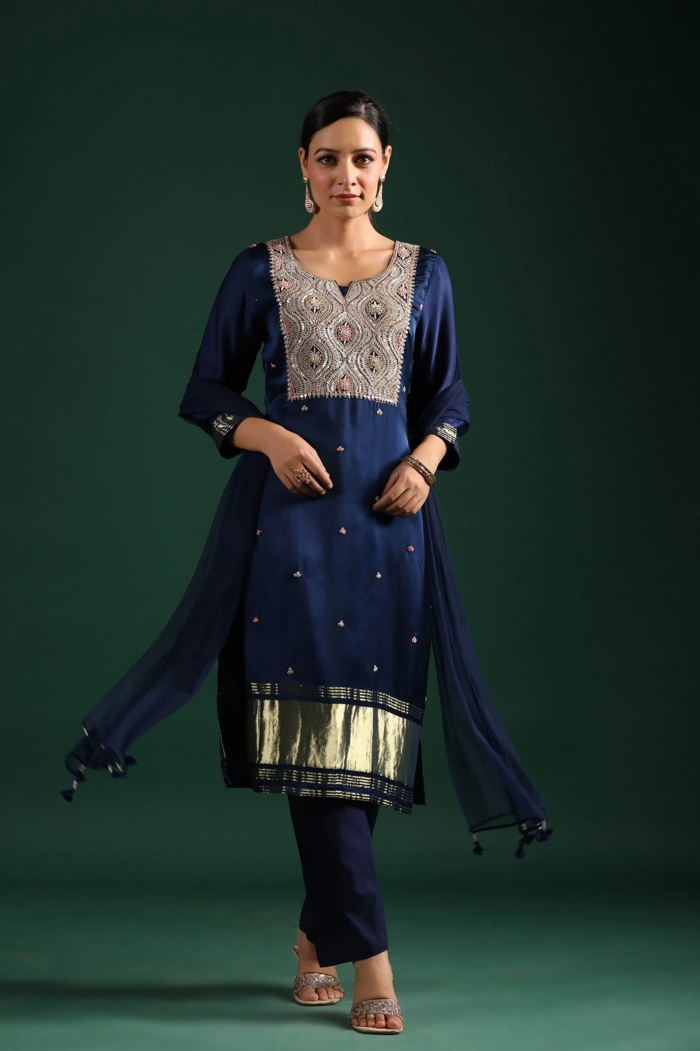 Deep Blue Zari Embroidered Gajji Silk Kurta Set - Image 4