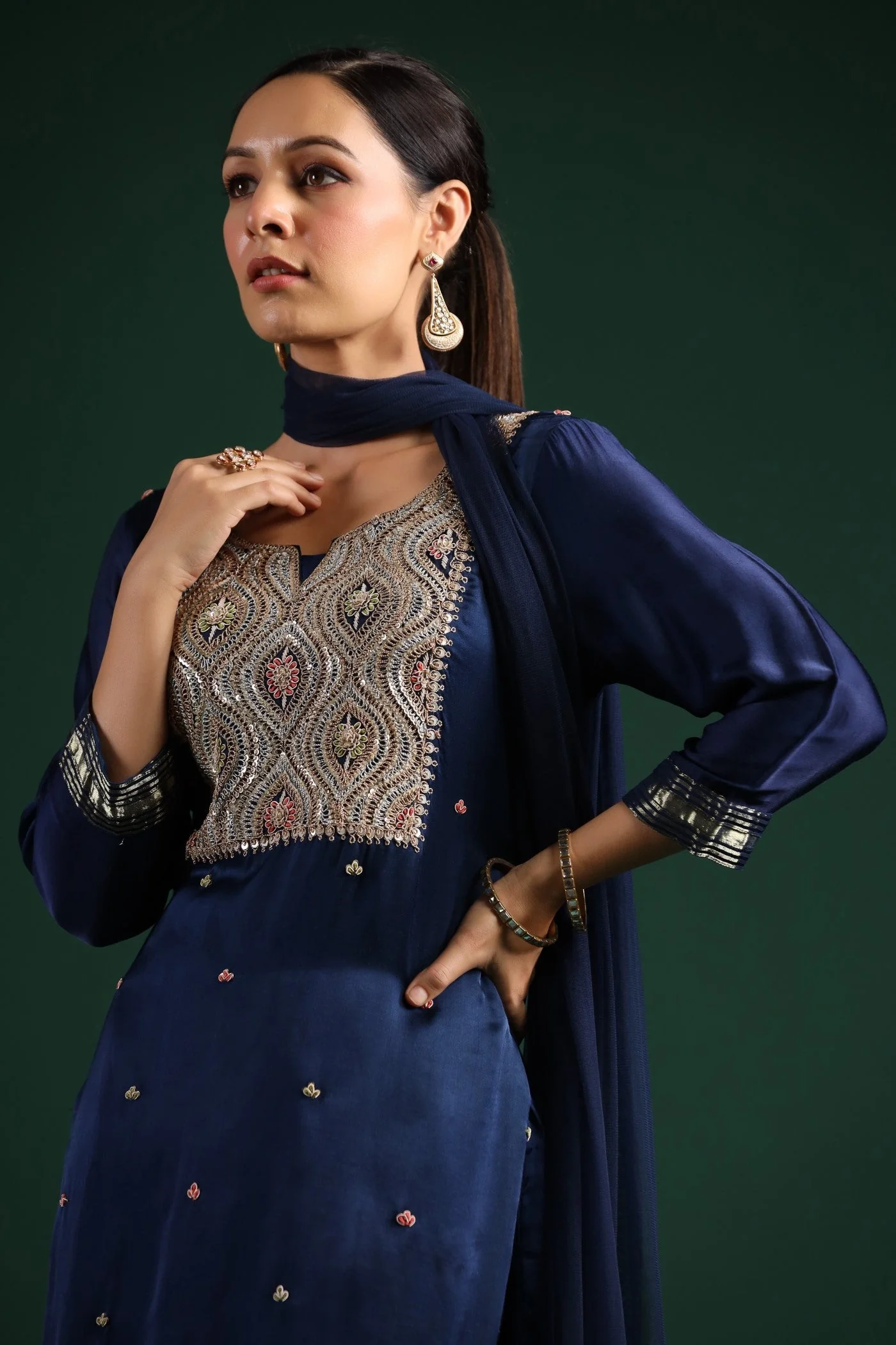 Deep Blue Zari Embroidered Gajji Silk Kurta Set - Image 5