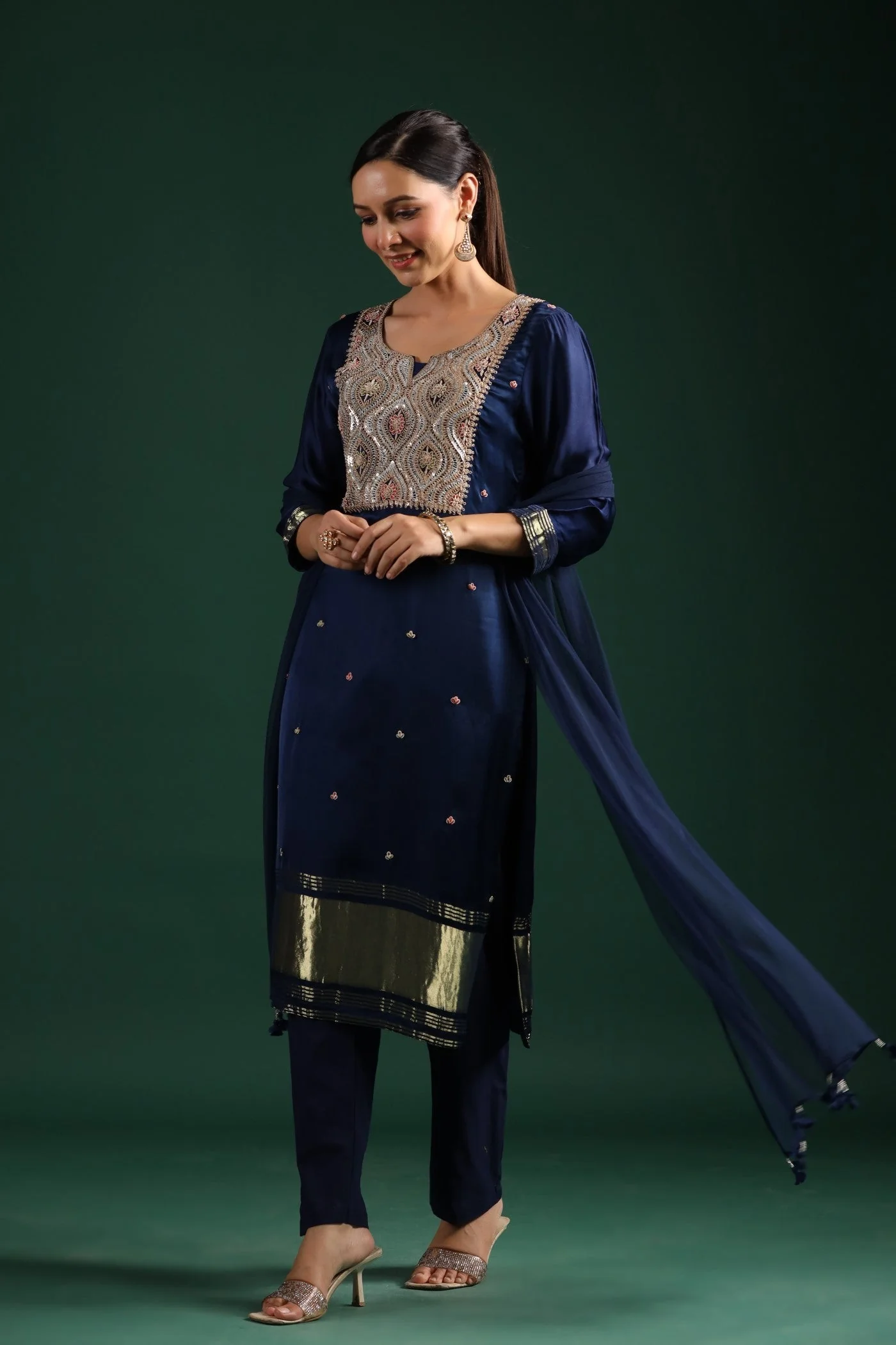 Deep Blue Zari Embroidered Gajji Silk Kurta Set - Image 6