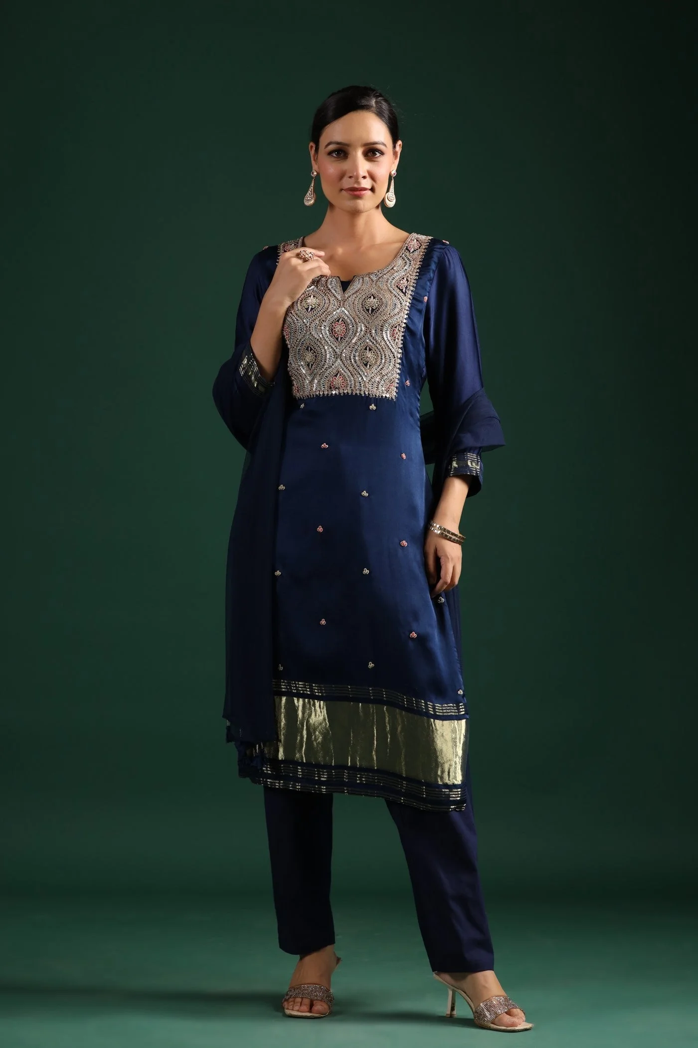Deep Blue Zari Embroidered Gajji Silk Kurta Set - Image 7
