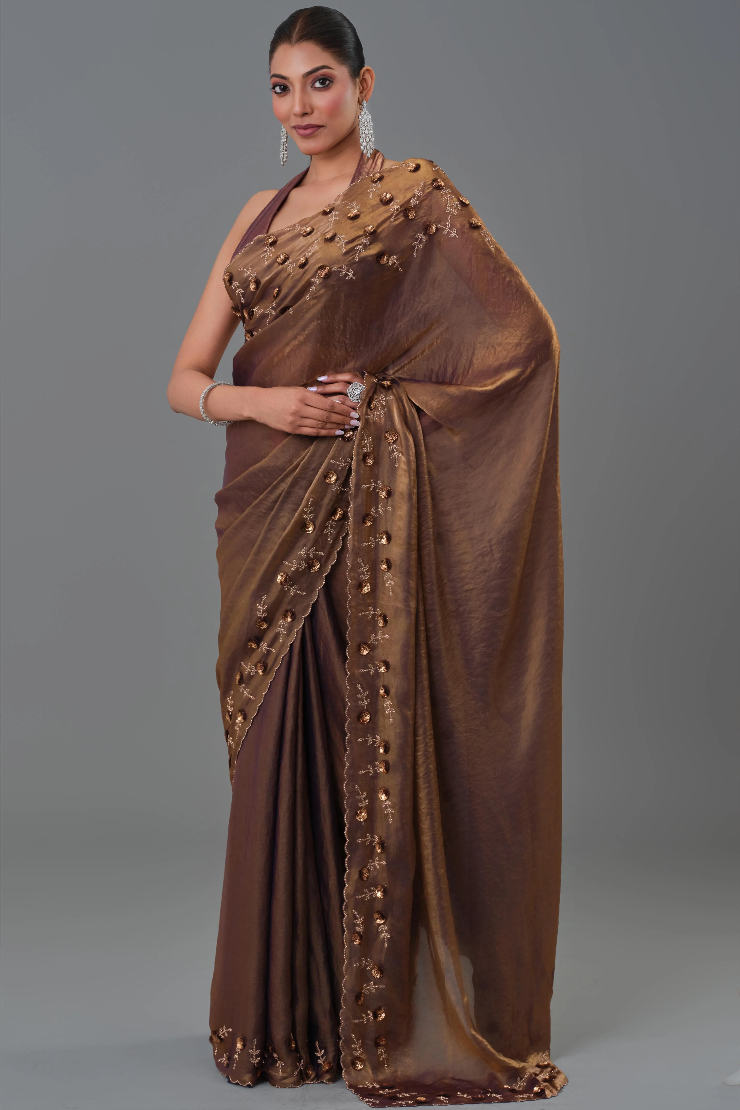 Deep Bronze Embroidered Tissue Silk Saree - Image 3