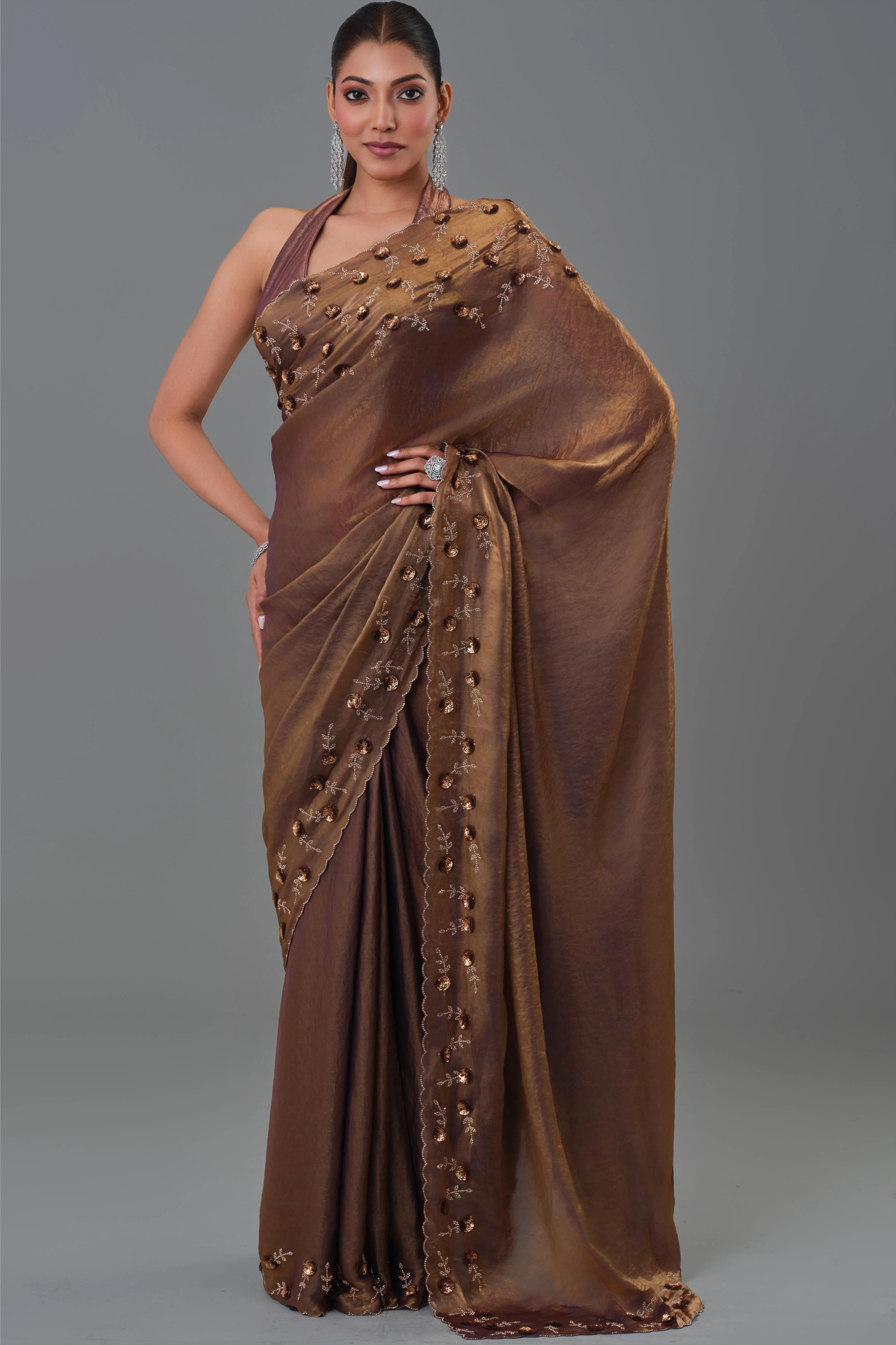 Deep Bronze Embroidered Tissue Silk Saree - Image 4