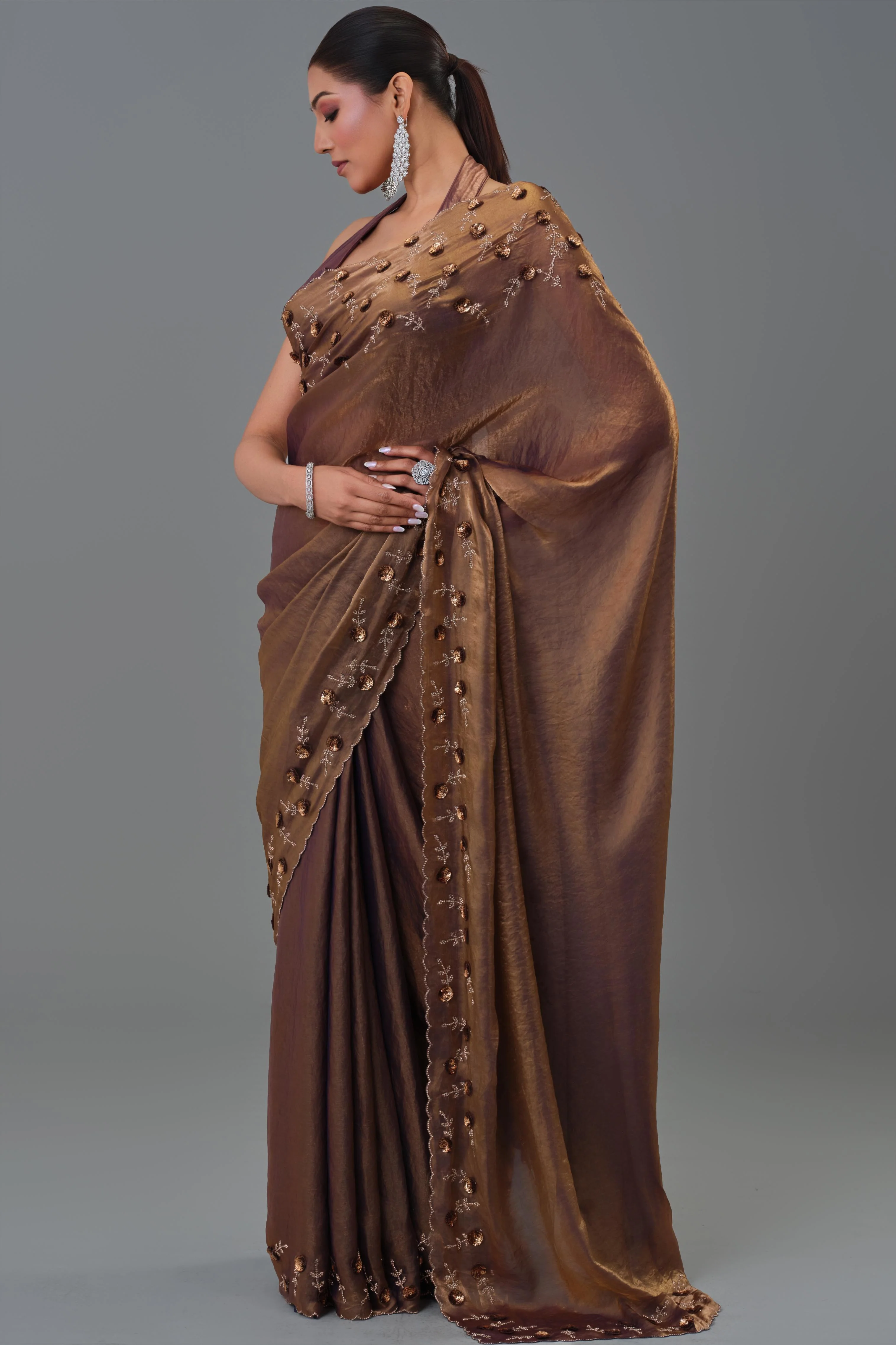 Deep Bronze Embroidered Tissue Silk Saree - Image 5