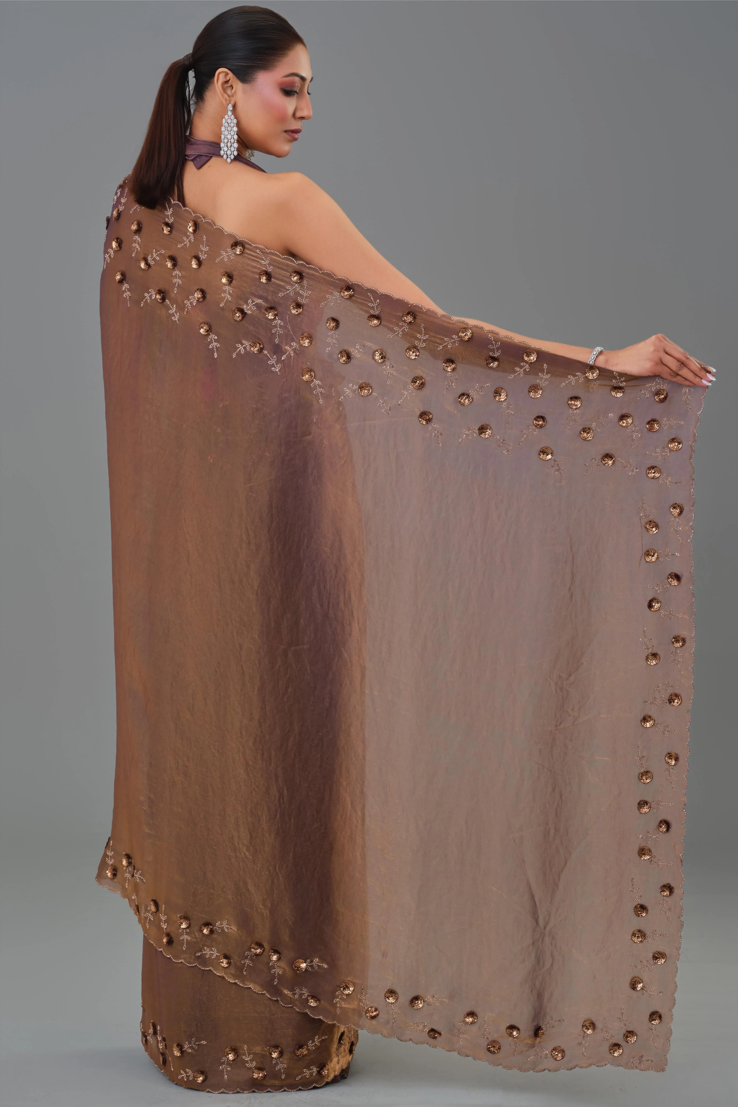 Deep Bronze Embroidered Tissue Silk Saree - Image 6