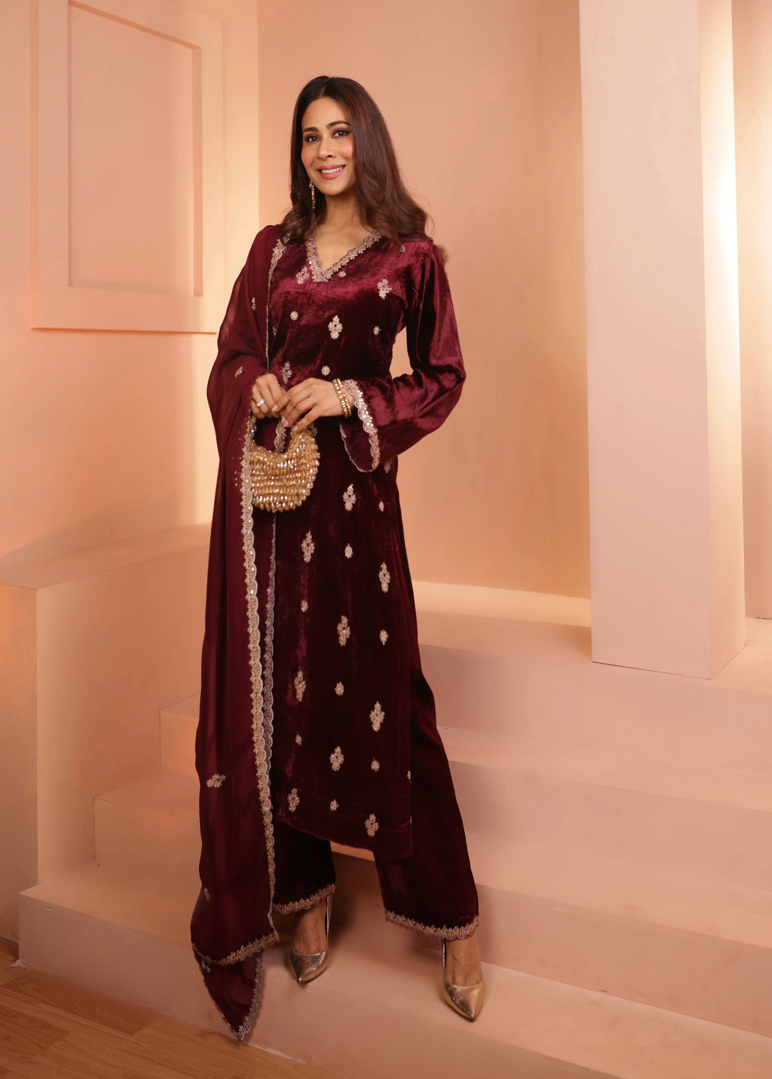Deep Wine Embellished Premium Velvet Pant Set - Image 3